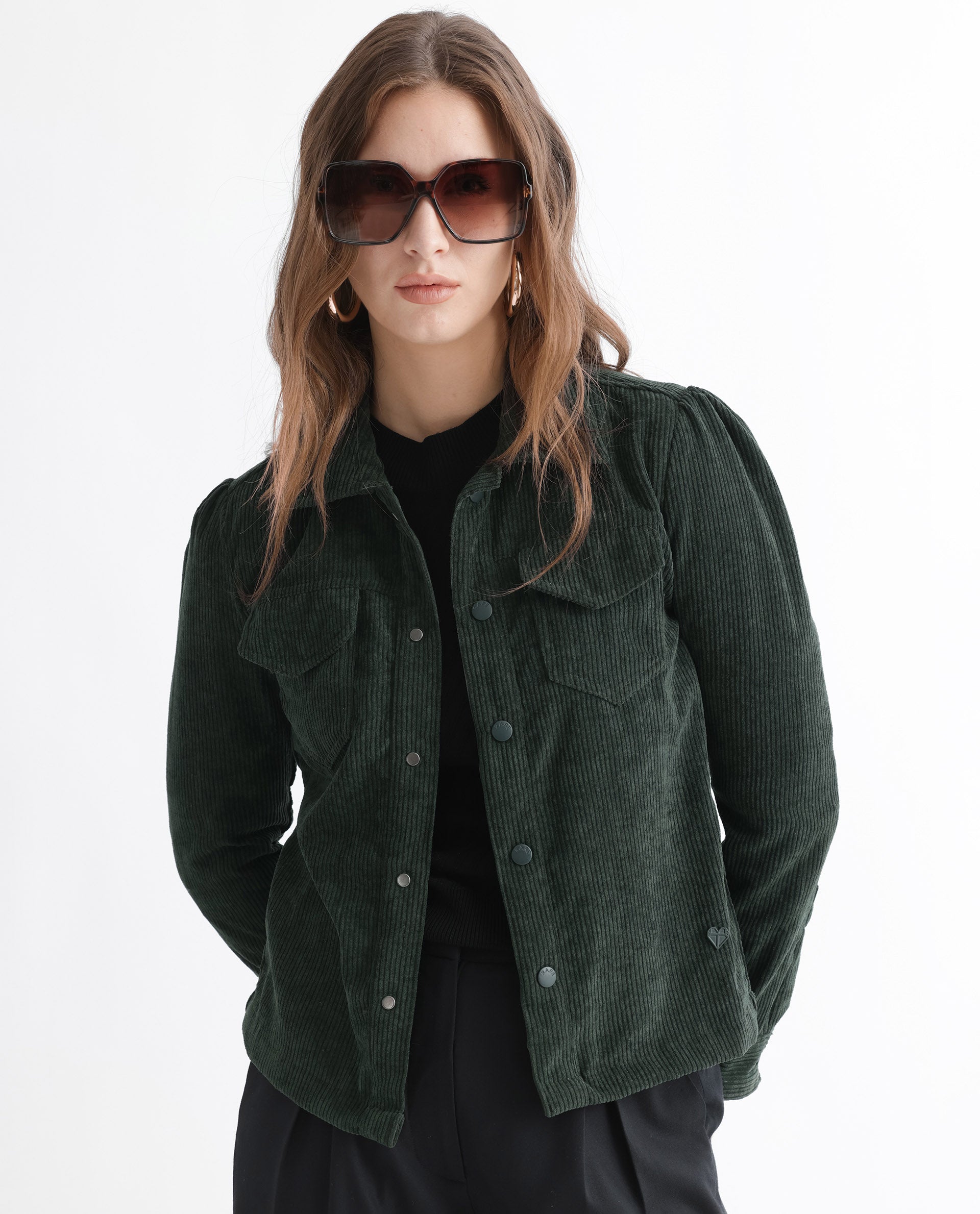 Rareism Women Mooney Green Polyester Fabric Full Sleeves Solid Shirt Collar Jacket