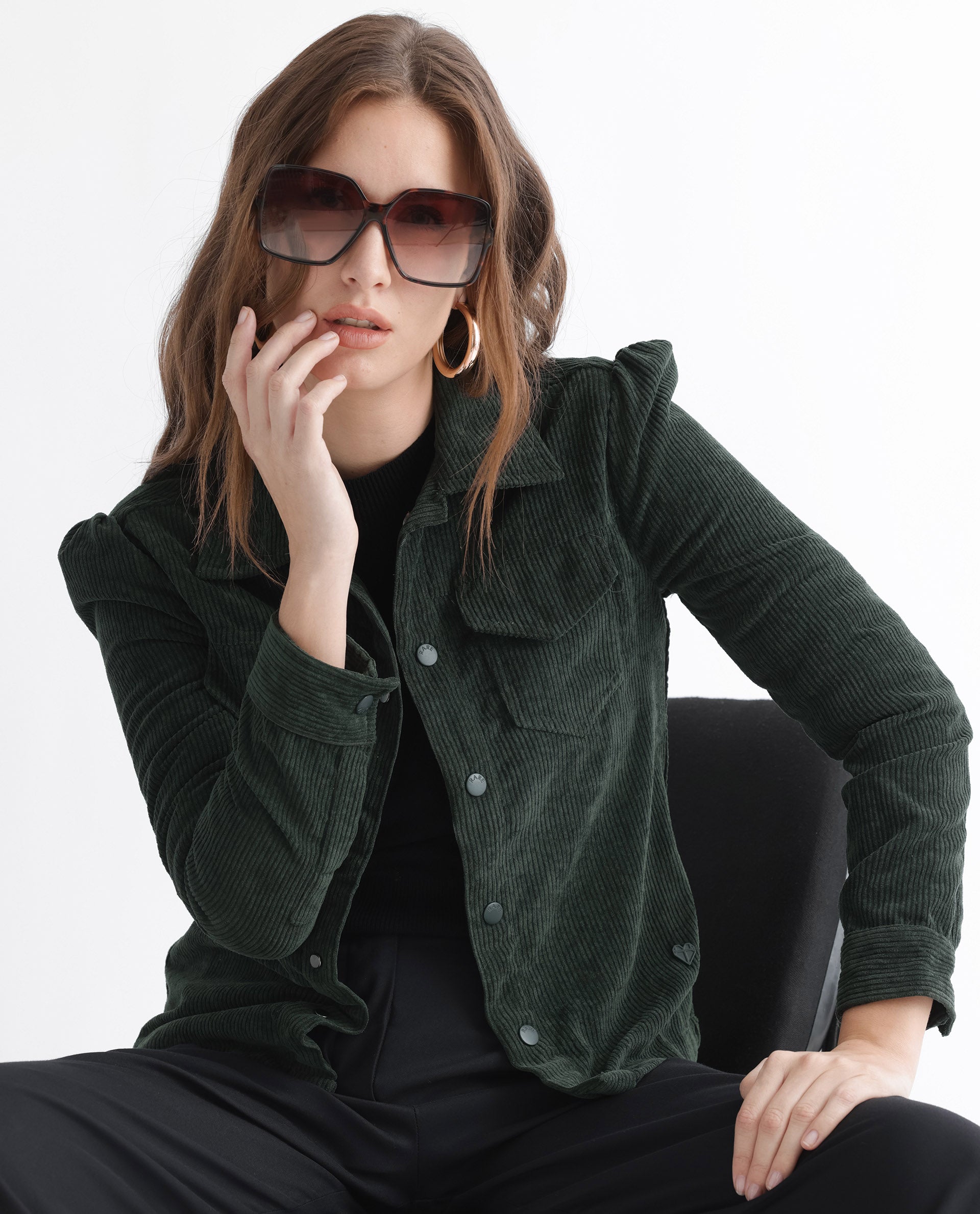 Rareism Women Mooney Green Polyester Fabric Full Sleeves Solid Shirt Collar Jacket