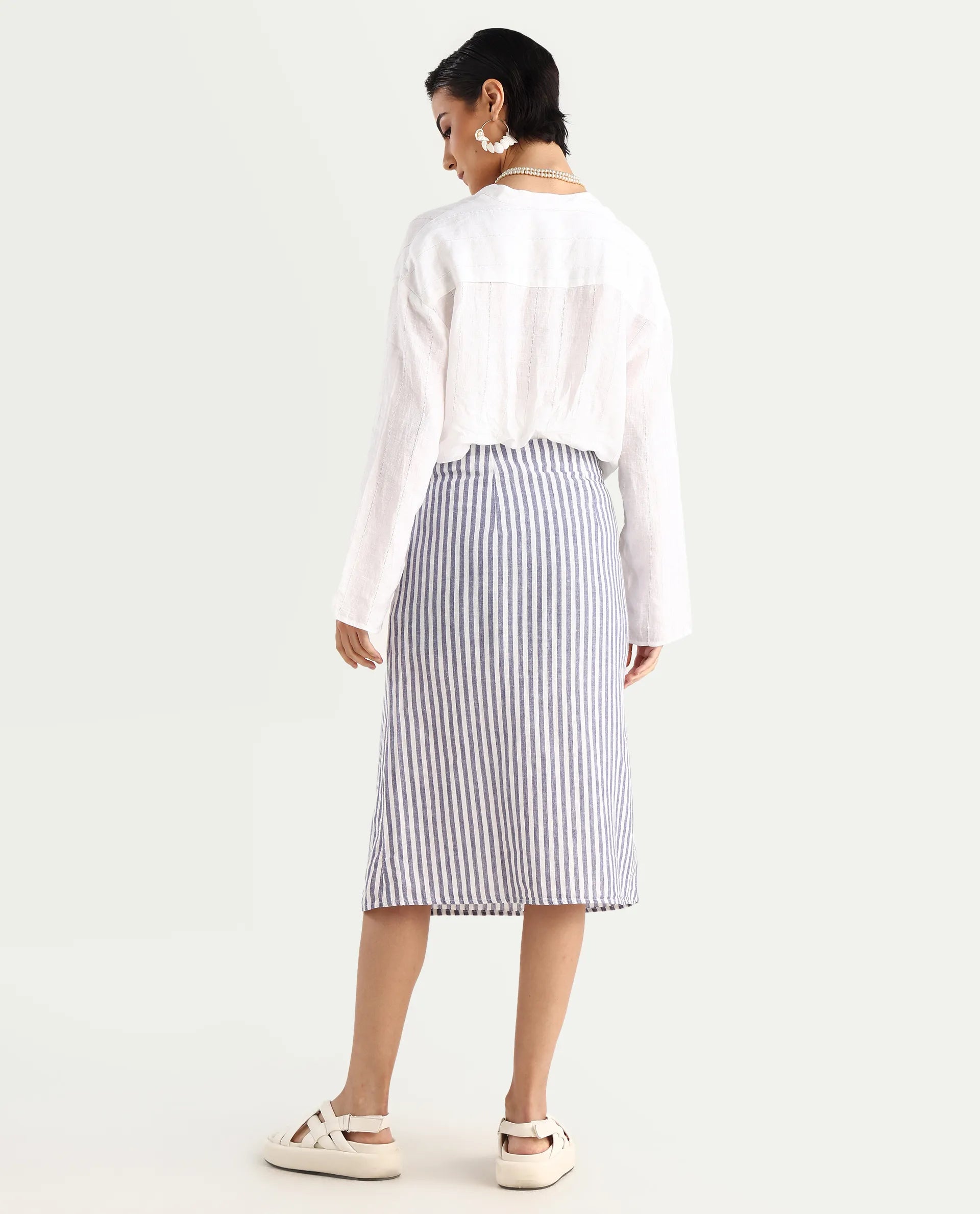 Rareism Women's Moonly Blue Linen Striped Midi Slim Fit Skirt