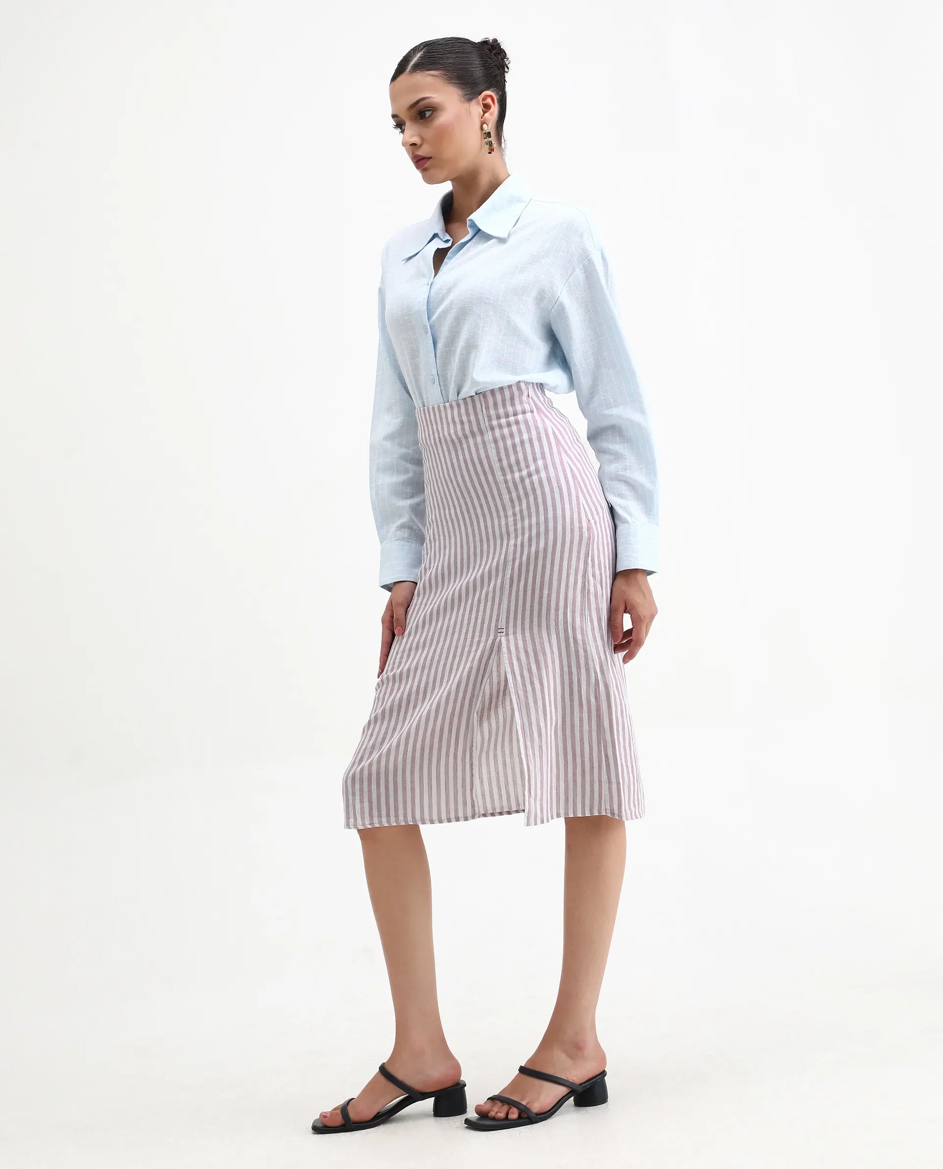 Rareism Women's Moonly Lilac Linen Striped Midi Slim Fit Skirt