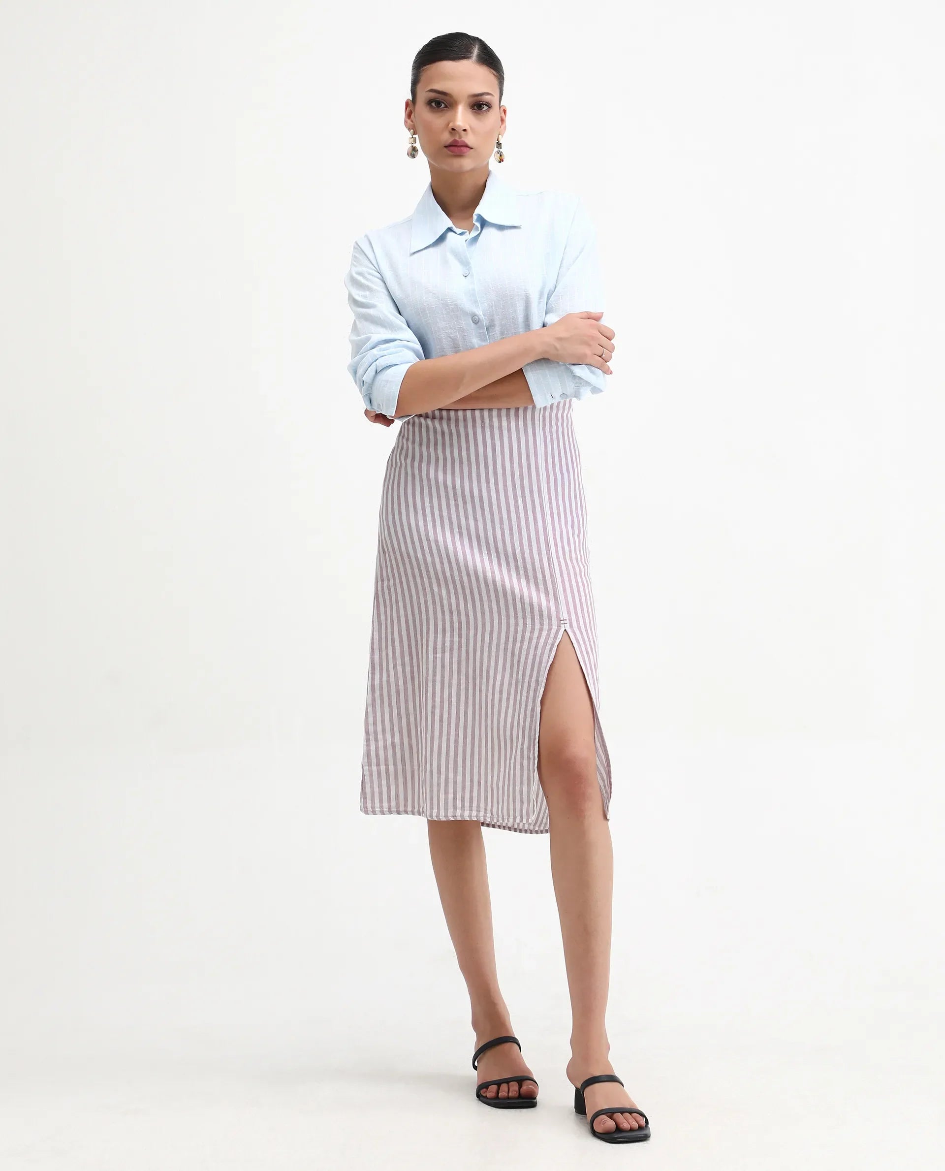 Rareism Women's Moonly Lilac Linen Striped Midi Slim Fit Skirt