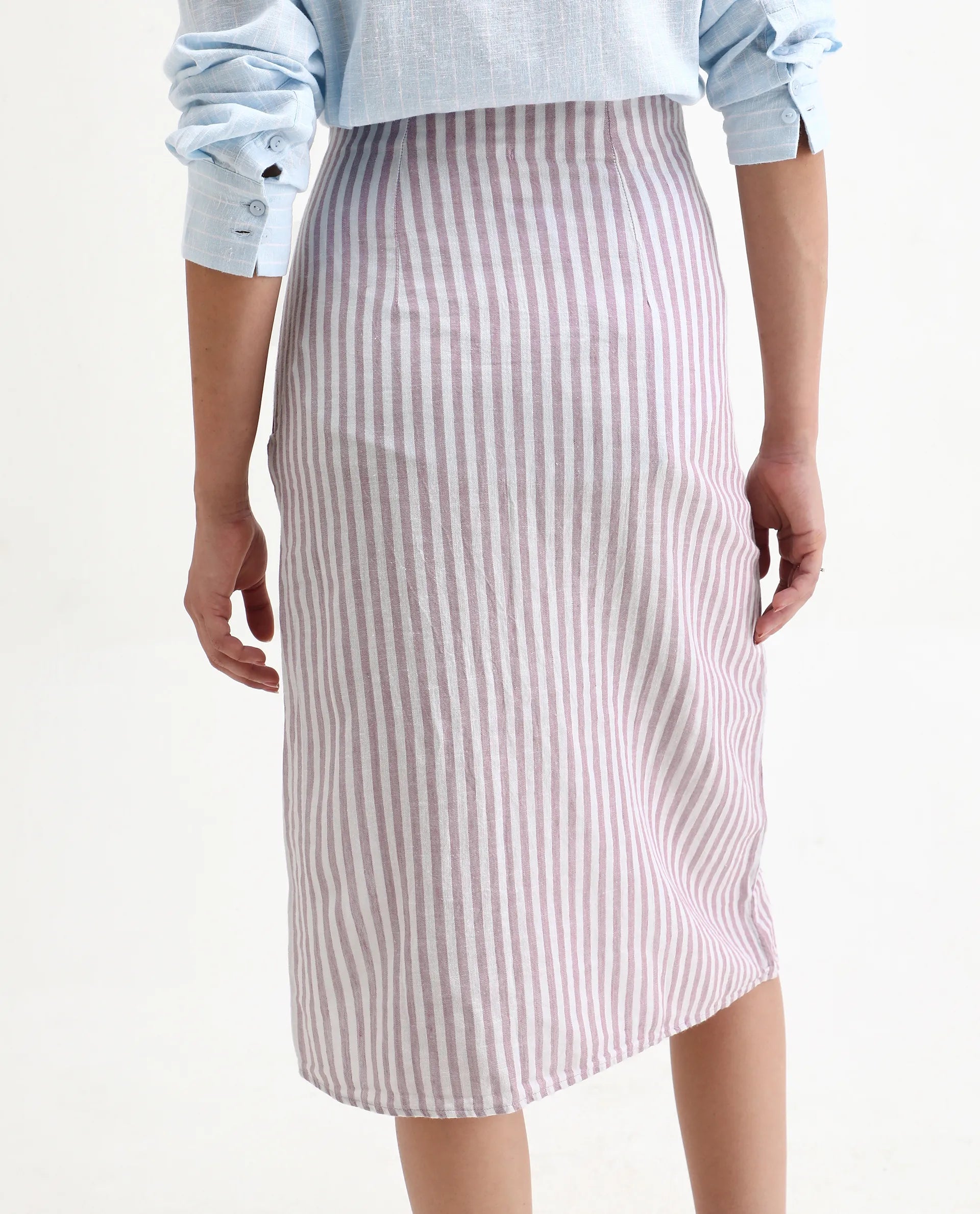 Rareism Women's Moonly Lilac Linen Striped Midi Slim Fit Skirt