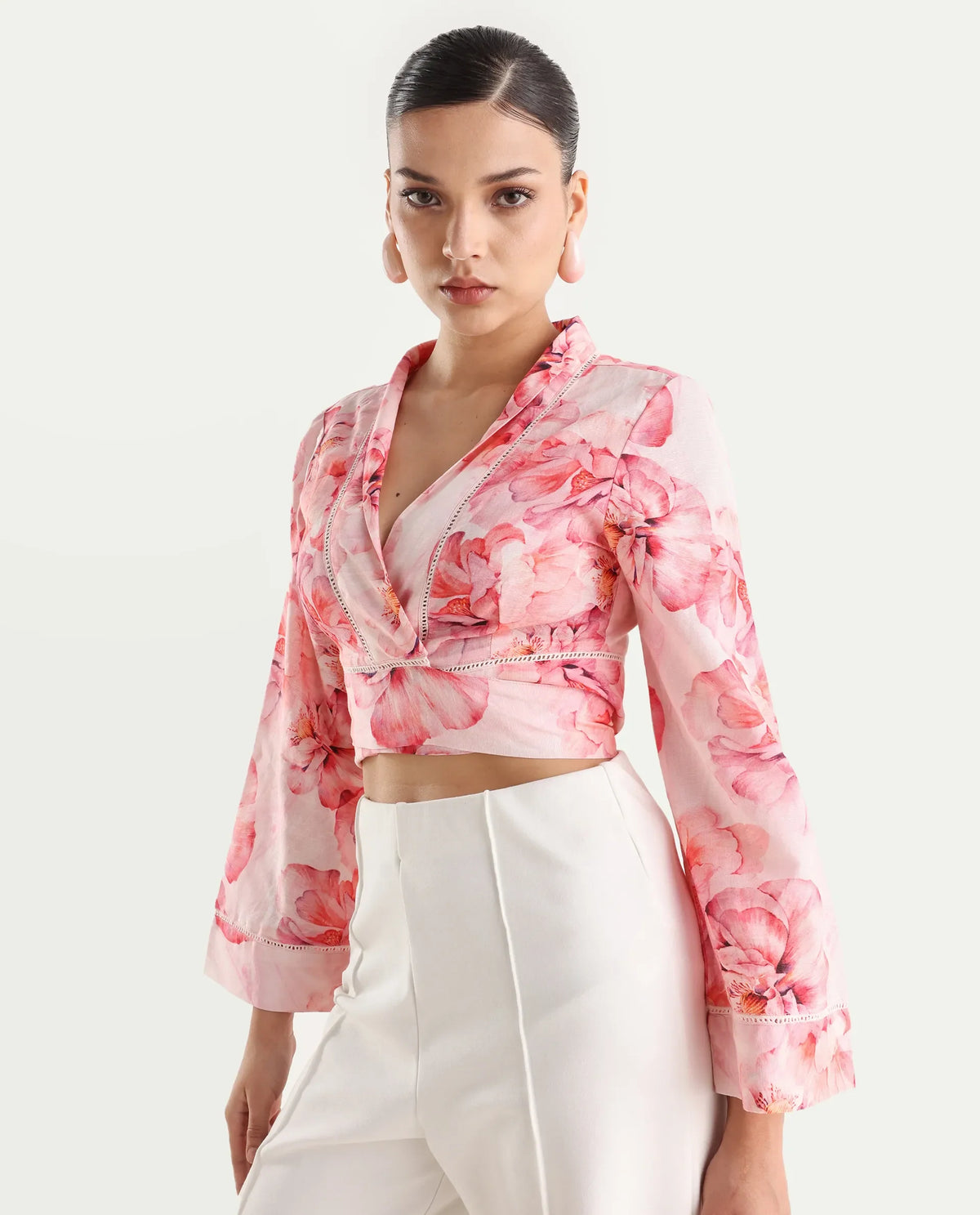 Rareism Women's Moral Pink Cotton Blend Shawl Collar Floral Print Bell Sleeve Crop Regular Fit Shrug