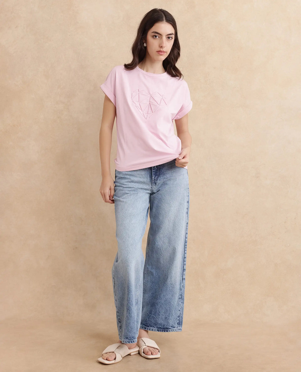 Rareism Women Moxie Light Pink Cotton Blend Fabric Extended Sleeves Crew Neck Relaxed Fit Graphic Print T-Shirt