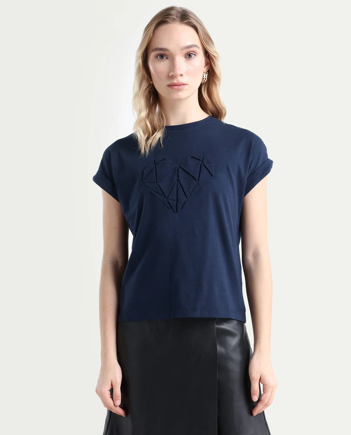 Rareism Women's Moxie Navy Cotton Blend Crew Neck Graphic Print Extended Sleeves Relaxed Fit T-Shirt