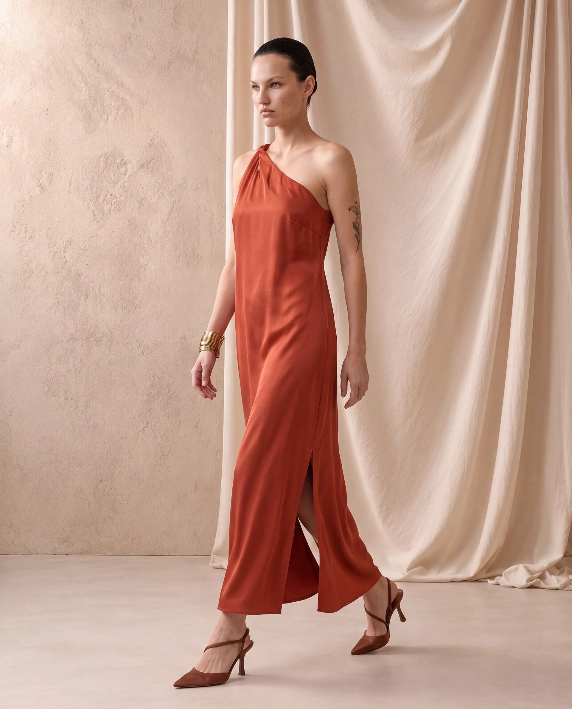 Rareism Women's Mrap Rust Polyester Sleeveless One Shoulder Straight Dress