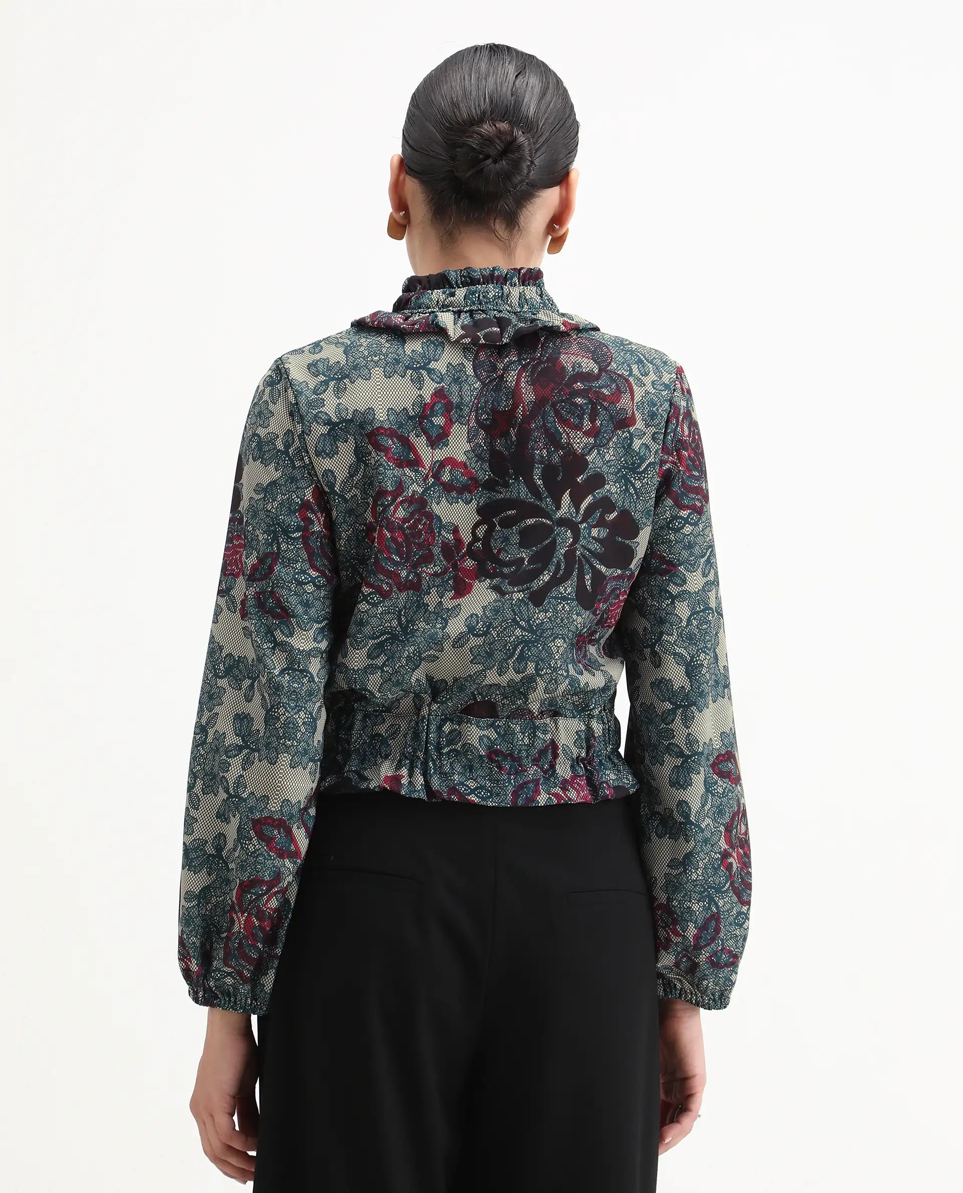 Rareism Women's Mugla Multi Polyester Blend V-Neck Floral Print Balloon Sleeve Crop Regular Fit Top