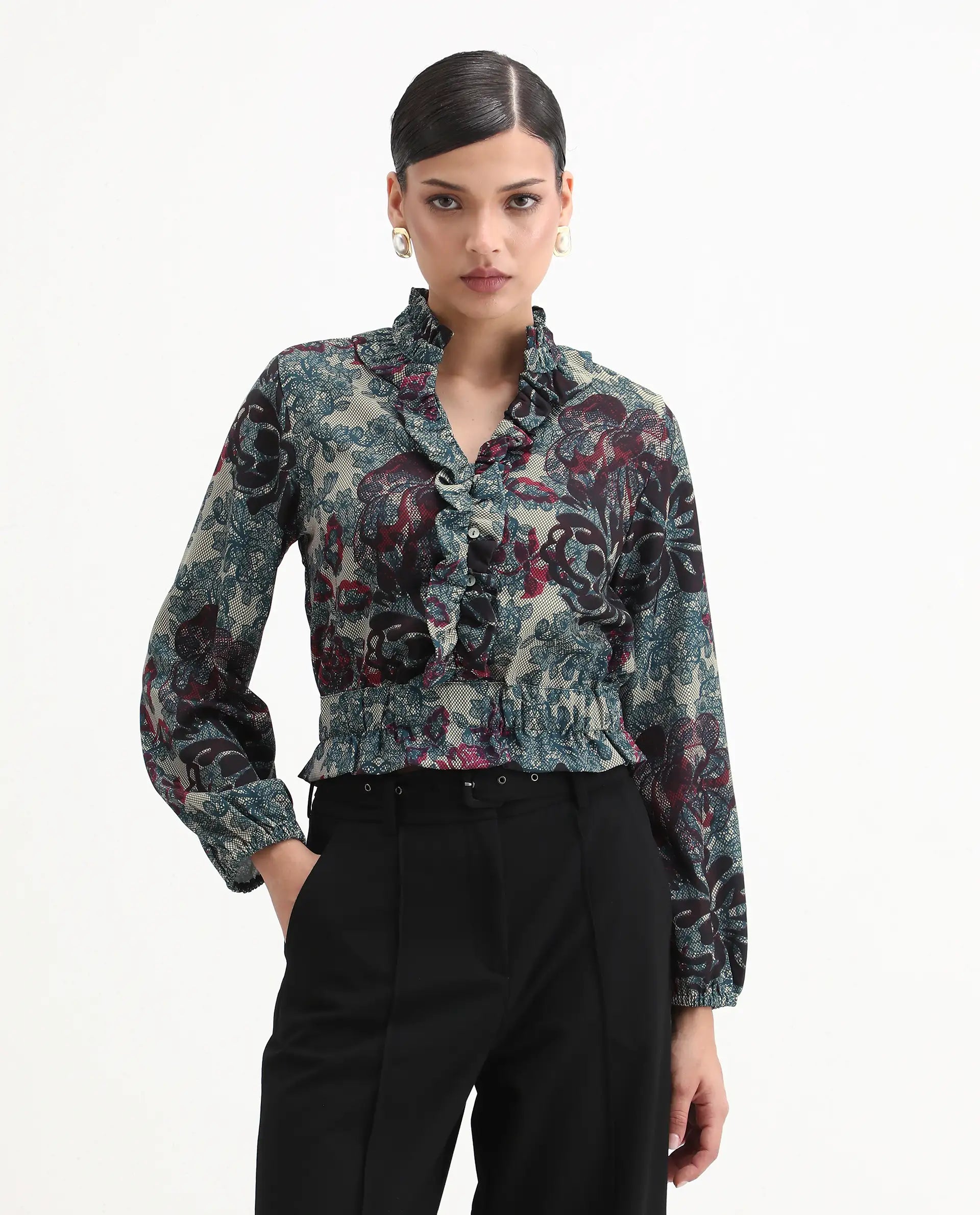 Rareism Women's Mugla Multi Polyester Blend V-Neck Floral Print Balloon Sleeve Crop Regular Fit Top