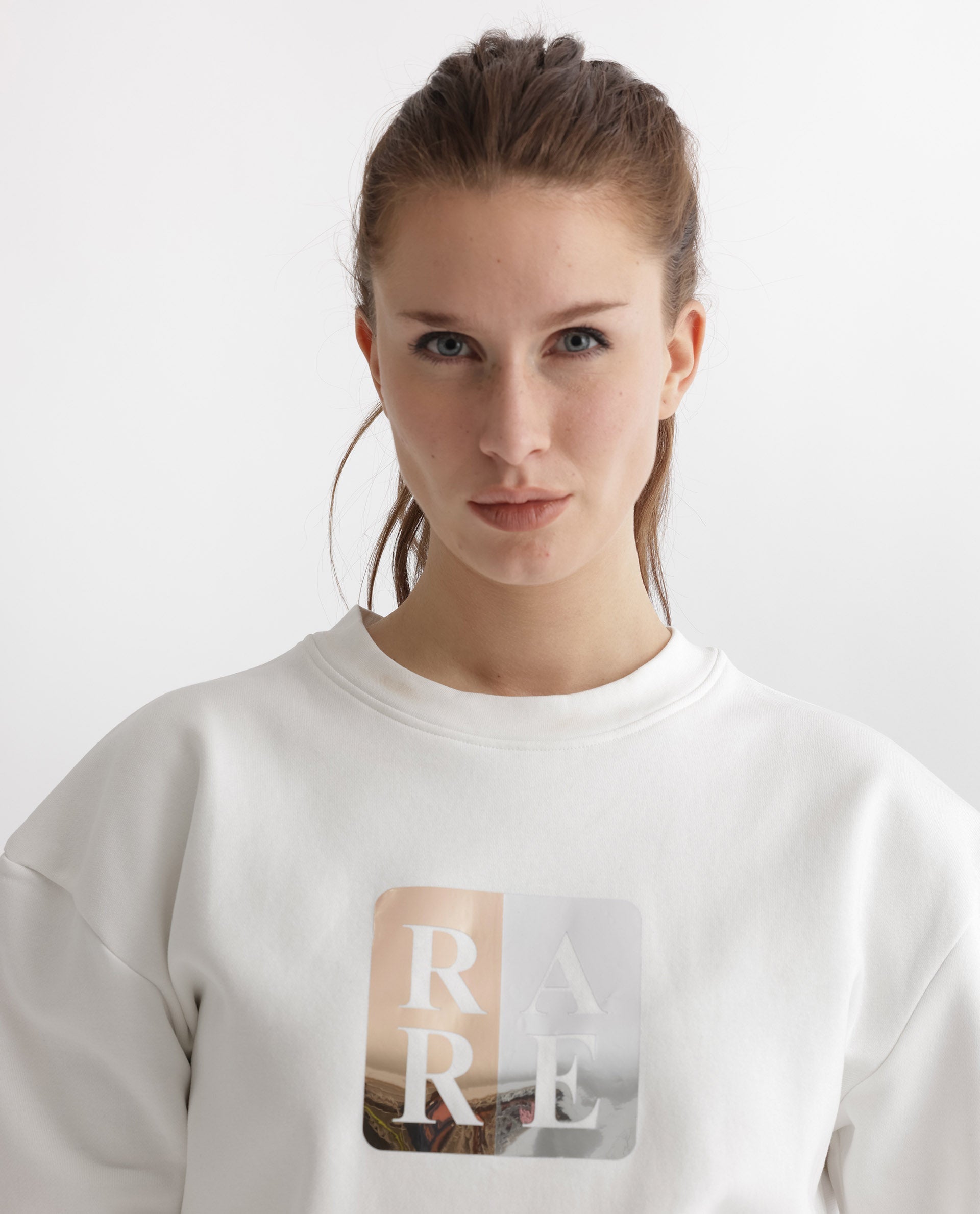 Rareism Women's Keith Off White Polyester Blend Crew Neck Graphic Print Relaxed Fit Sweatshirt