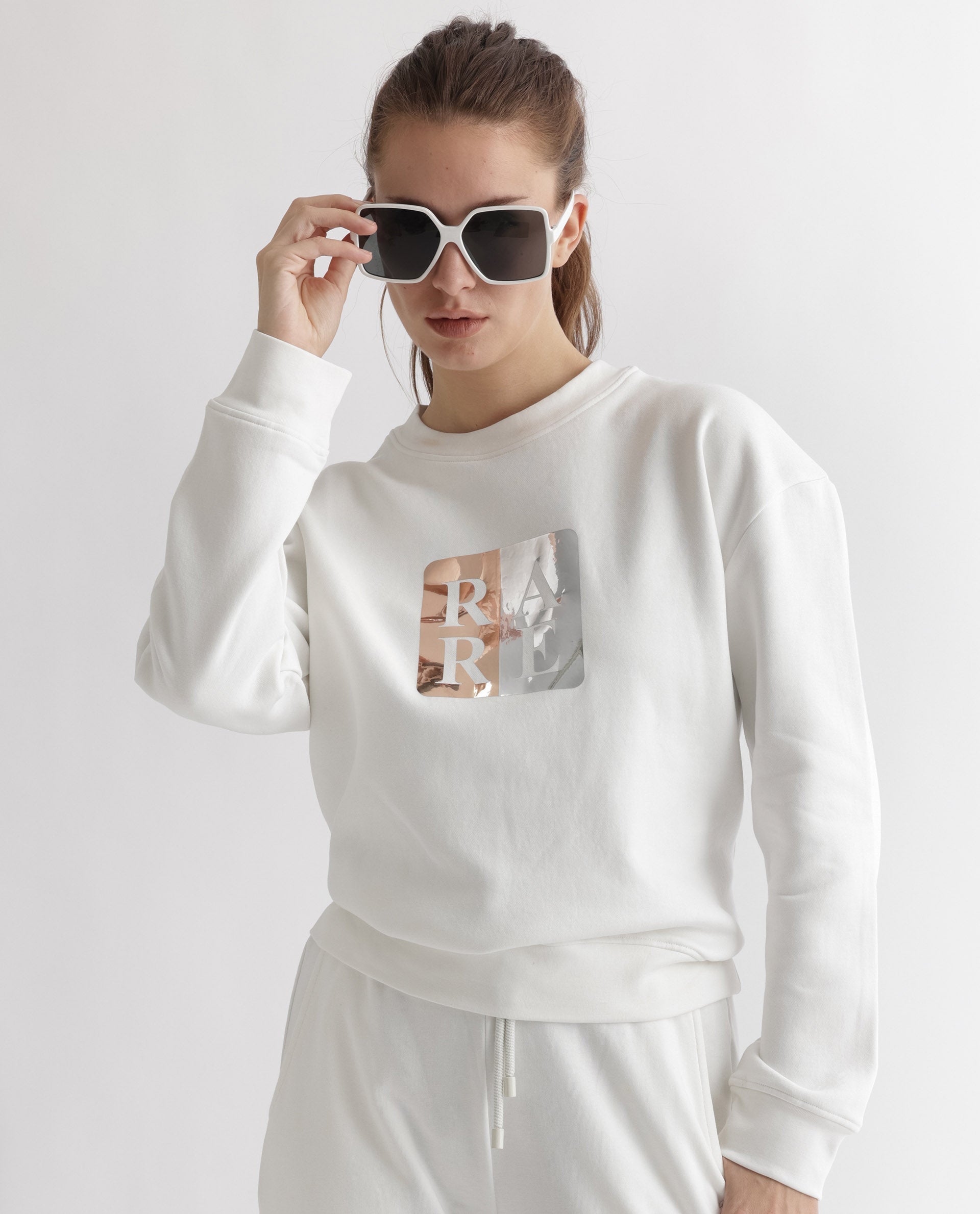 Rareism Women's Keith Off White Polyester Blend Crew Neck Graphic Print Relaxed Fit Sweatshirt