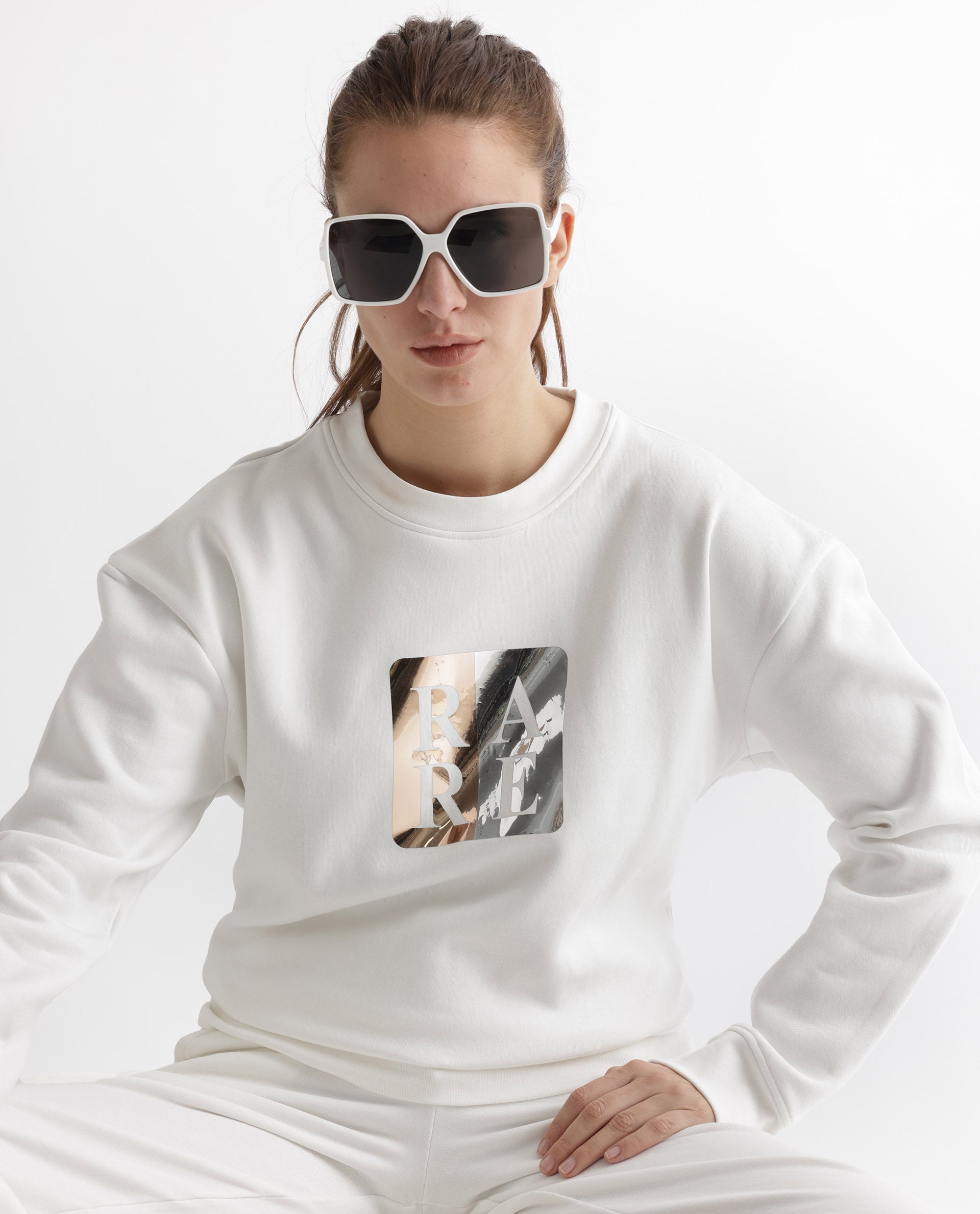 Rareism Women's Keith Off White Polyester Blend Crew Neck Graphic Print Relaxed Fit Sweatshirt