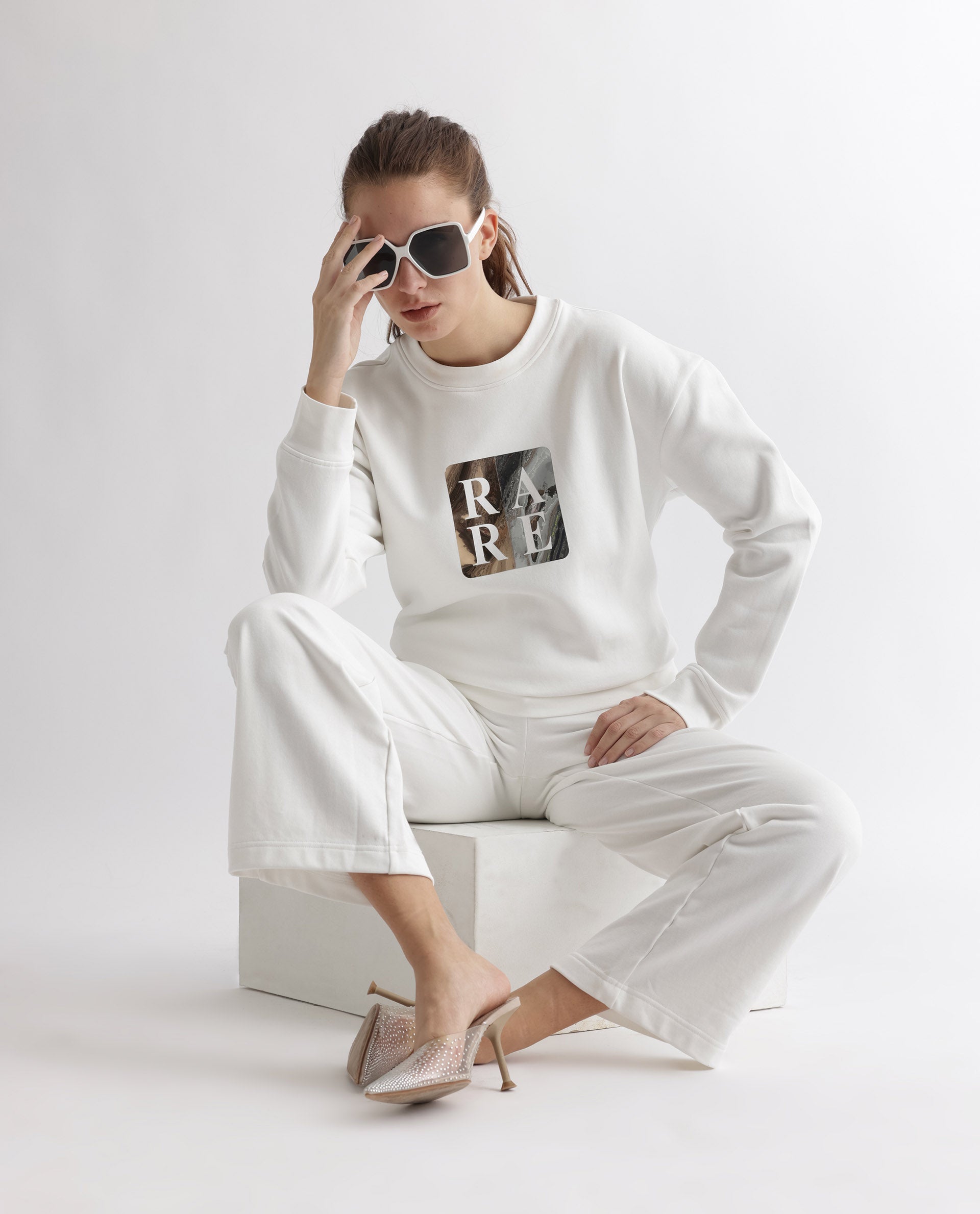 Rareism Women's Keith Off White Polyester Blend Crew Neck Graphic Print Relaxed Fit Sweatshirt