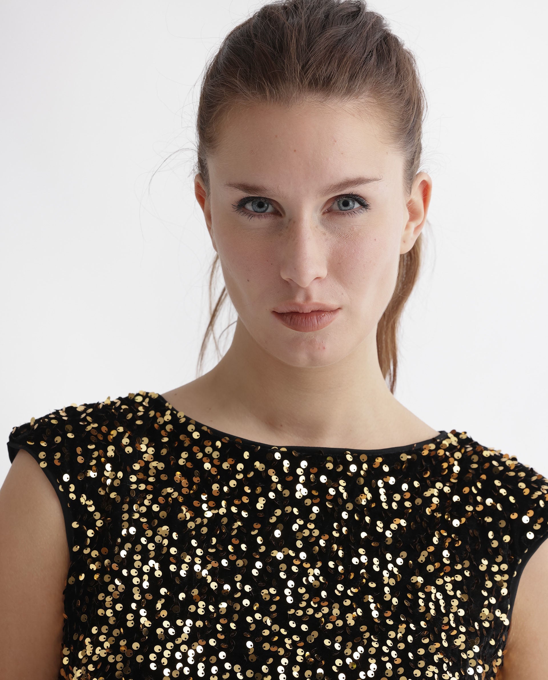 Rareism Women's Mulan Sheen Gold Polyester Crew Neck Sequined Extended Sleeves Mini Regular Fit Dress