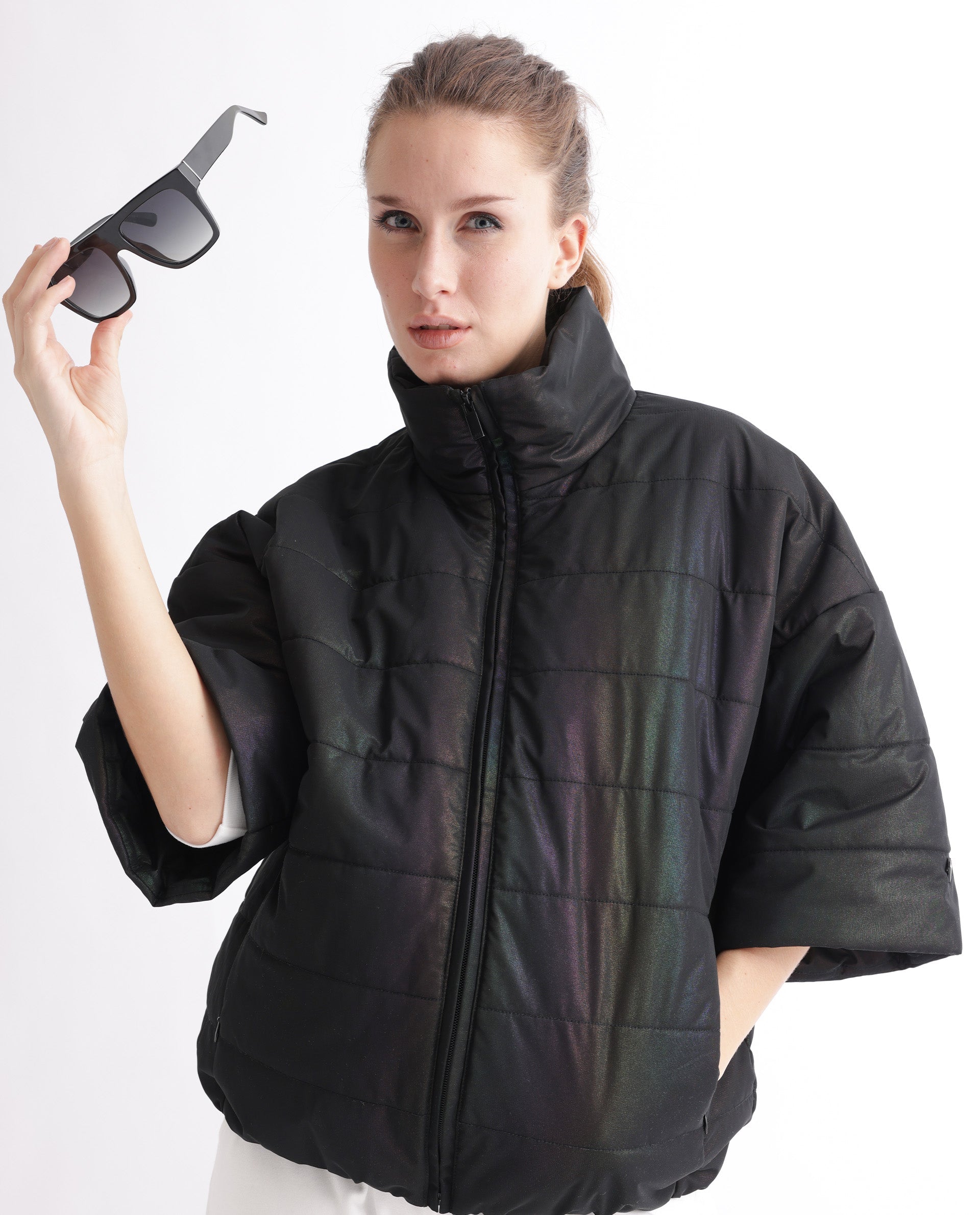 Rareism Women's Habit Black Polyester High Neck Plain Bell Sleeve Regular Fit Jacket