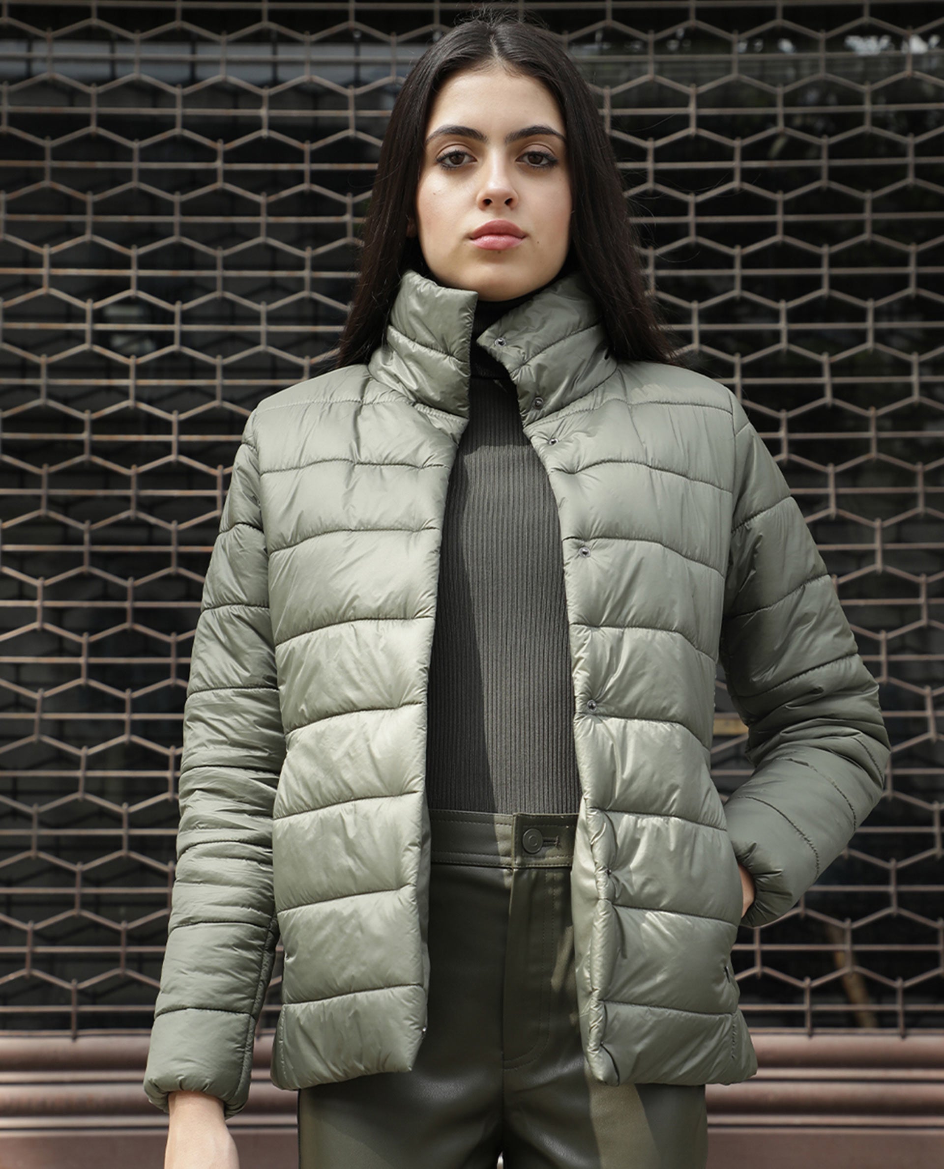 Rareism Women Mung Olive Jacket Full Sleeves Solid