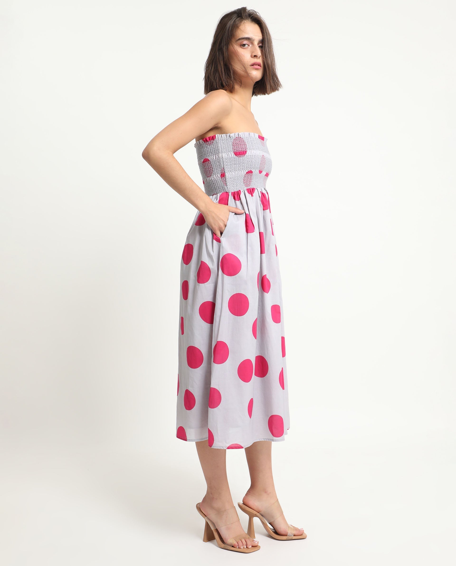 Rareism Women's Mureel Grey Cotton Shoulder Strap Polka Print Shoulder Strap Knee Length Fit And Flare Dress
