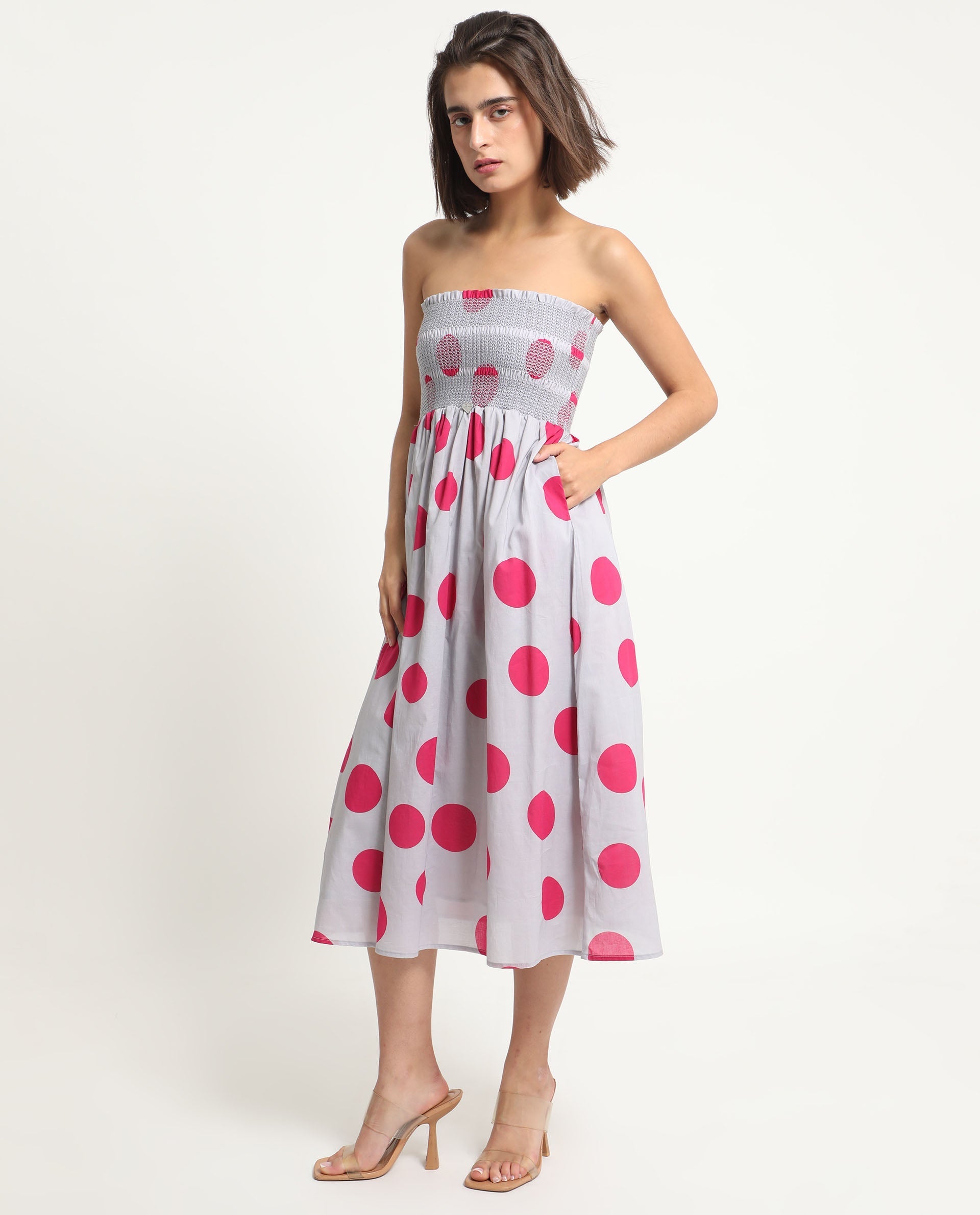 Rareism Women's Mureel Grey Cotton Shoulder Strap Polka Print Shoulder Strap Knee Length Fit And Flare Dress