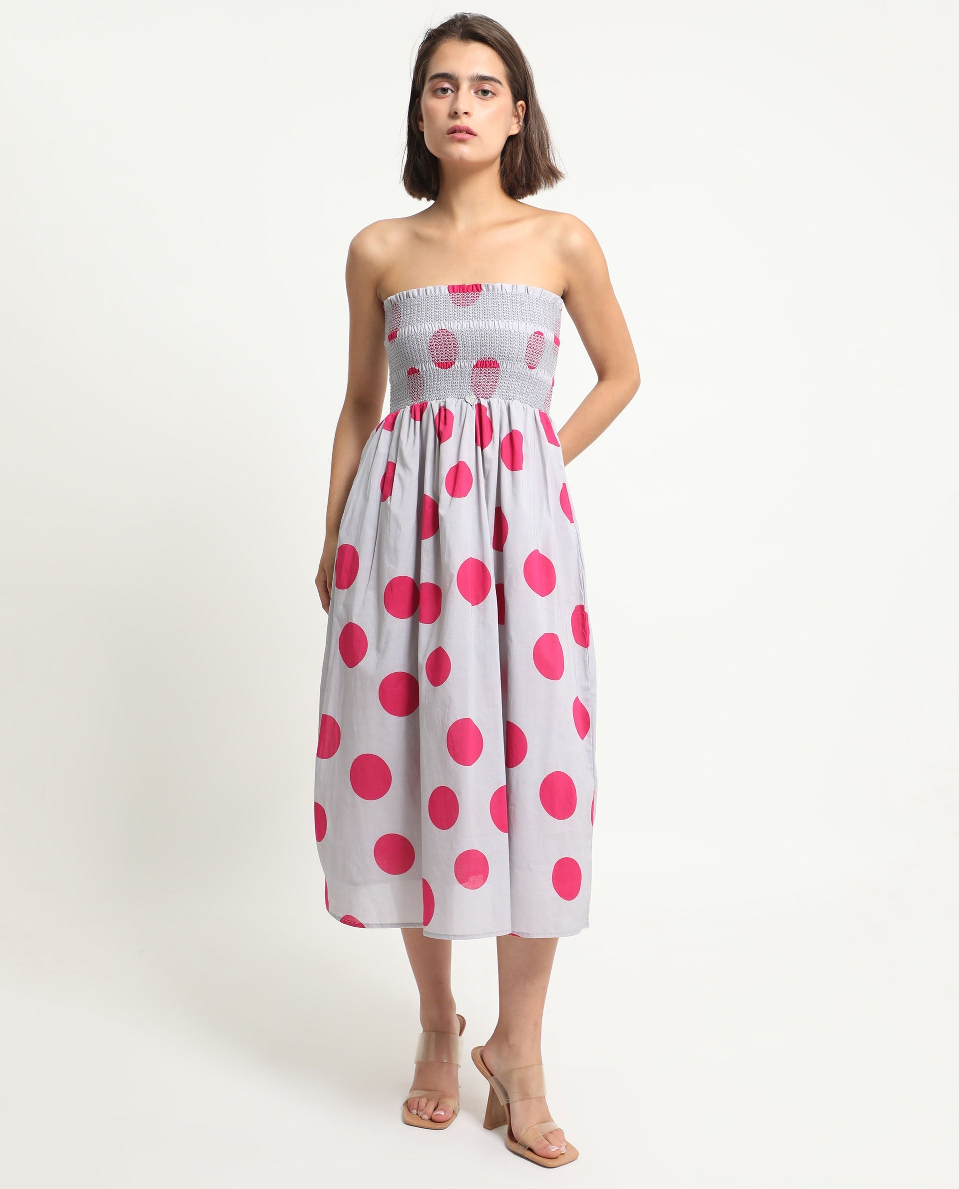 Rareism Women's Mureel Grey Cotton Shoulder Strap Polka Print Shoulder Strap Knee Length Fit And Flare Dress