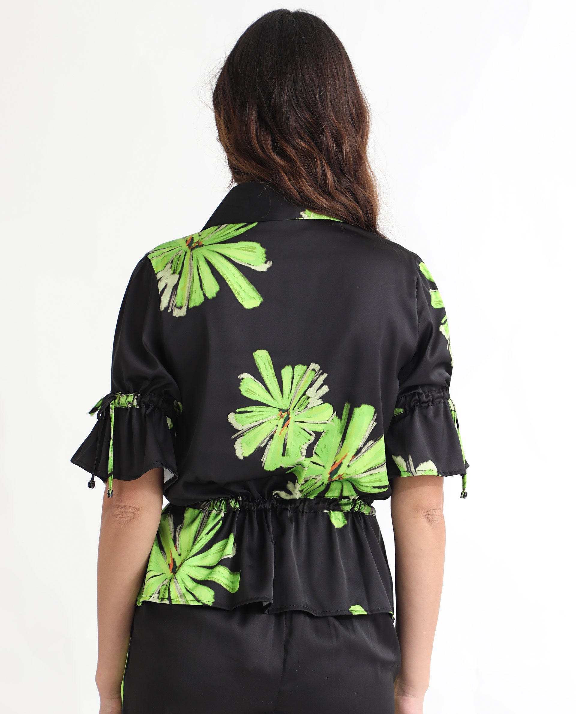 Rareism Women Murphy Black Polyester Fabric Short Sleeves Button Closure Shirt Collar Regular Fit Floral Print Top