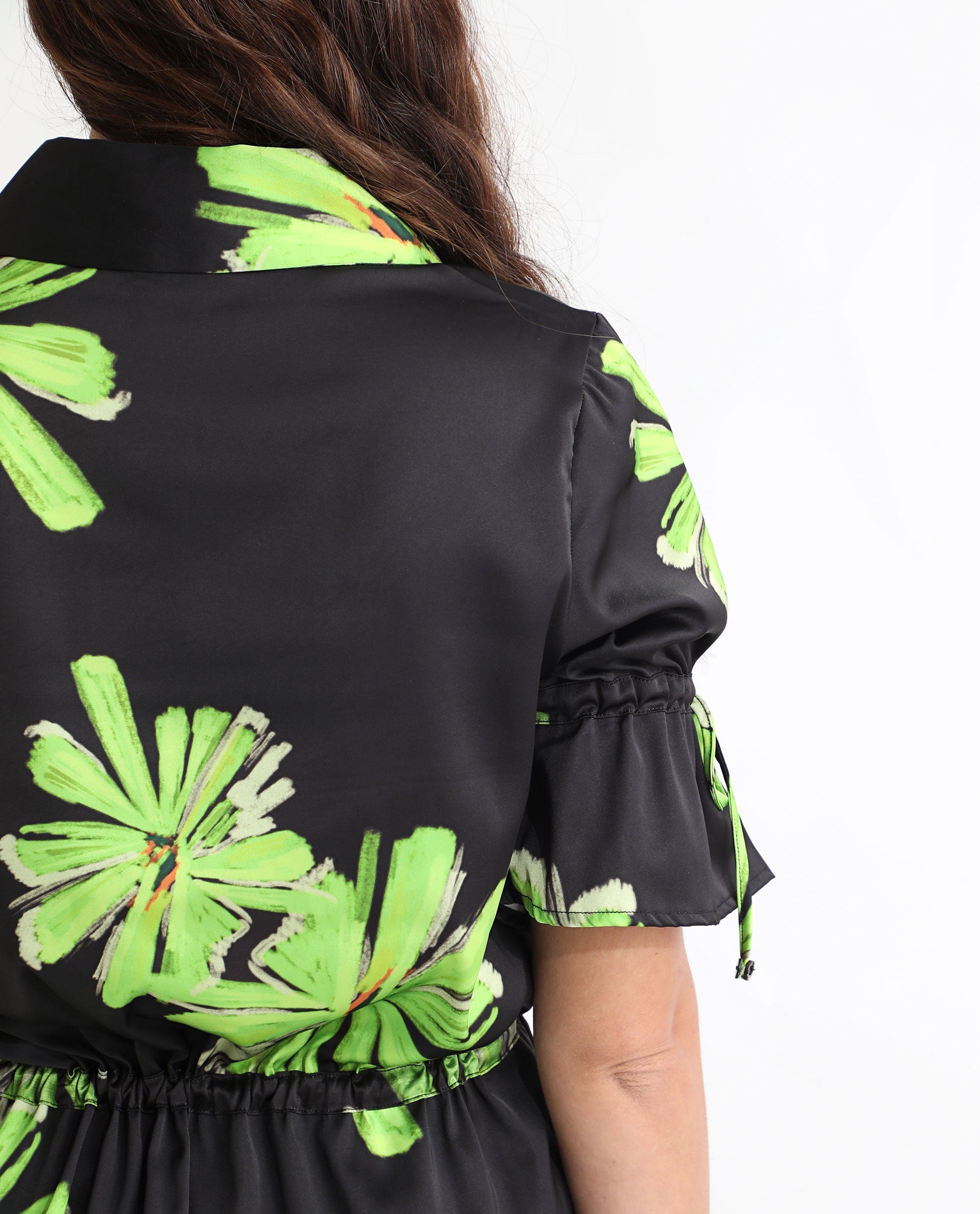 Rareism Women Murphy Black Polyester Fabric Short Sleeves Button Closure Shirt Collar Regular Fit Floral Print Top