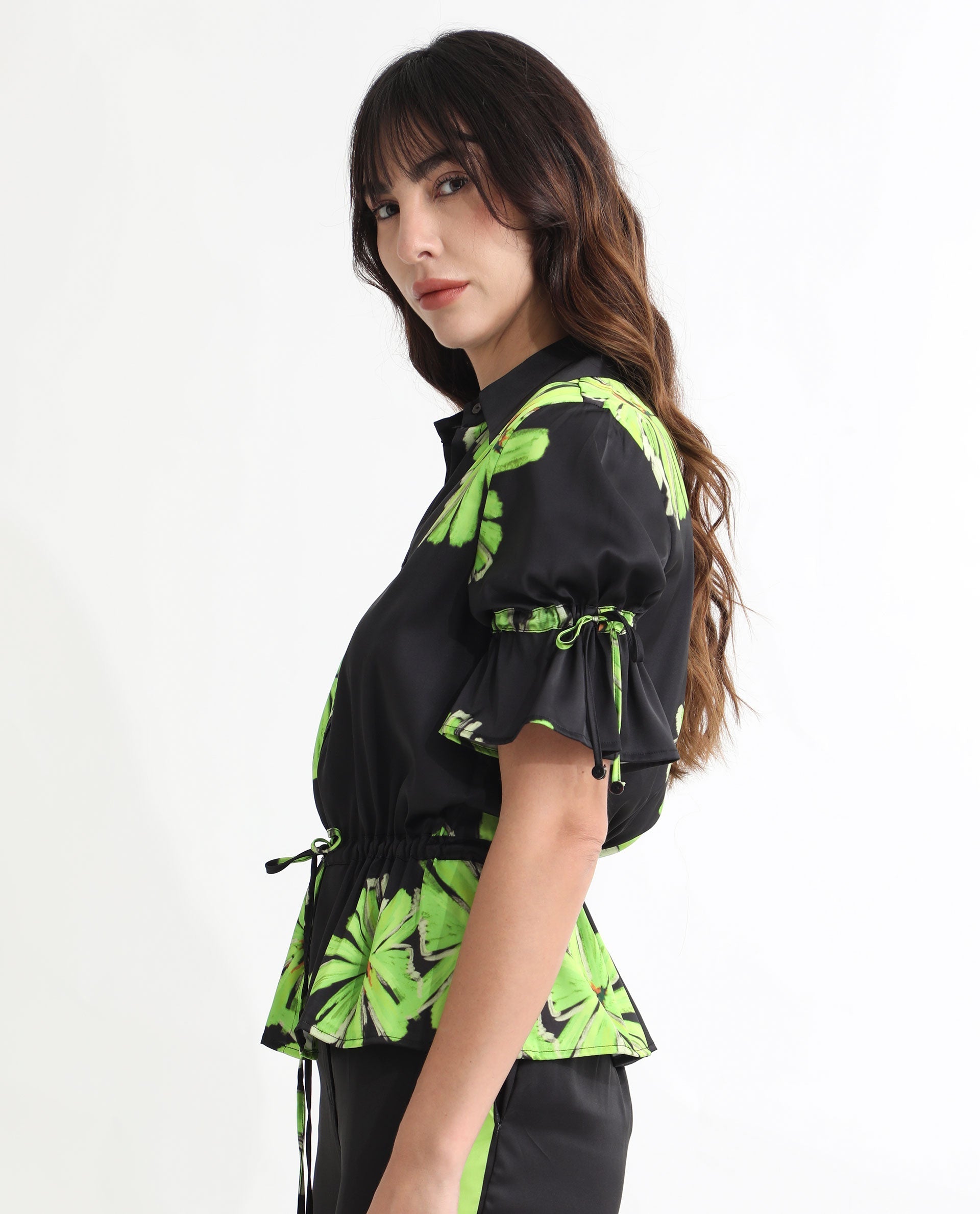 Rareism Women Murphy Black Polyester Fabric Short Sleeves Button Closure Shirt Collar Regular Fit Floral Print Top