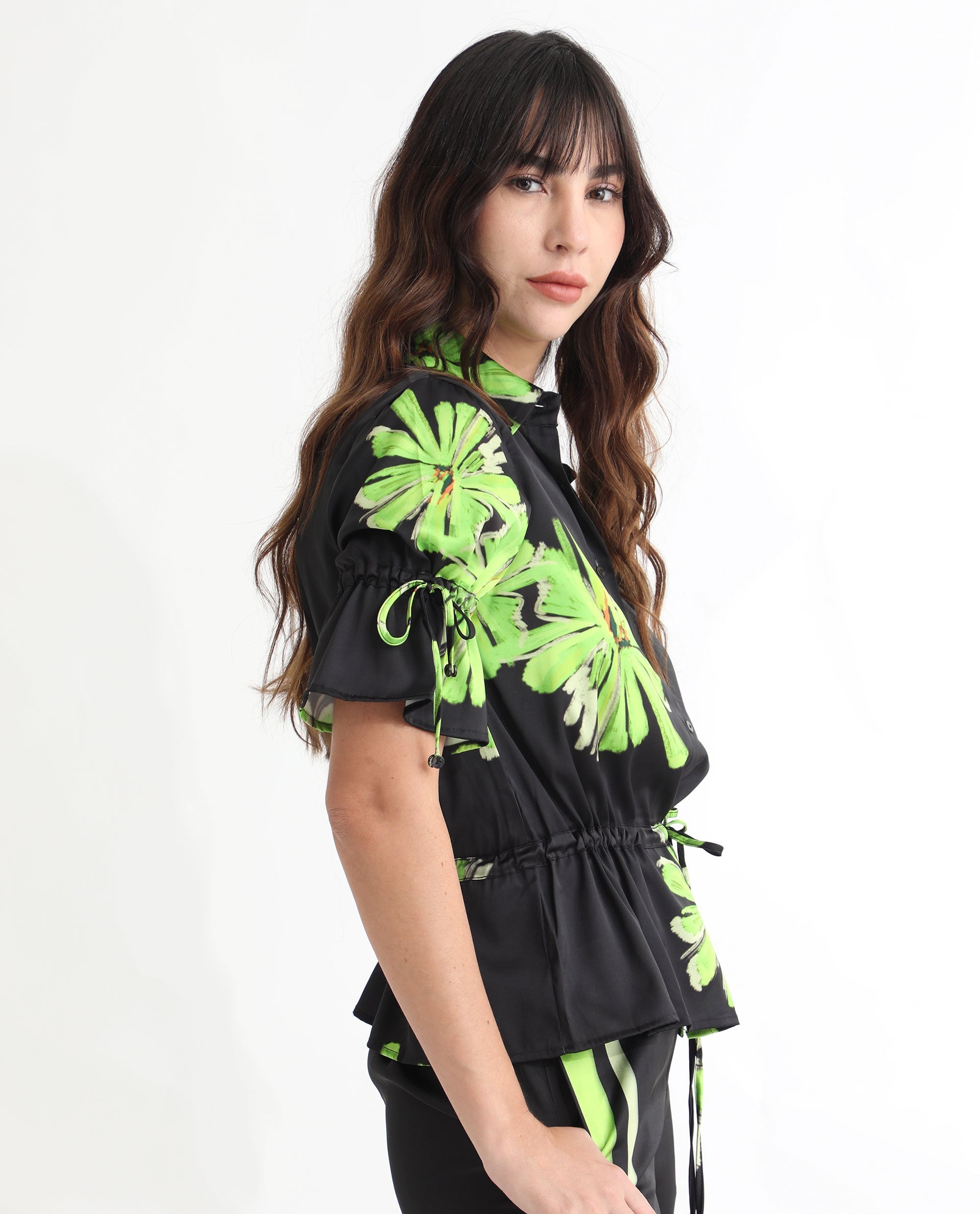 Rareism Women Murphy Black Polyester Fabric Short Sleeves Button Closure Shirt Collar Regular Fit Floral Print Top