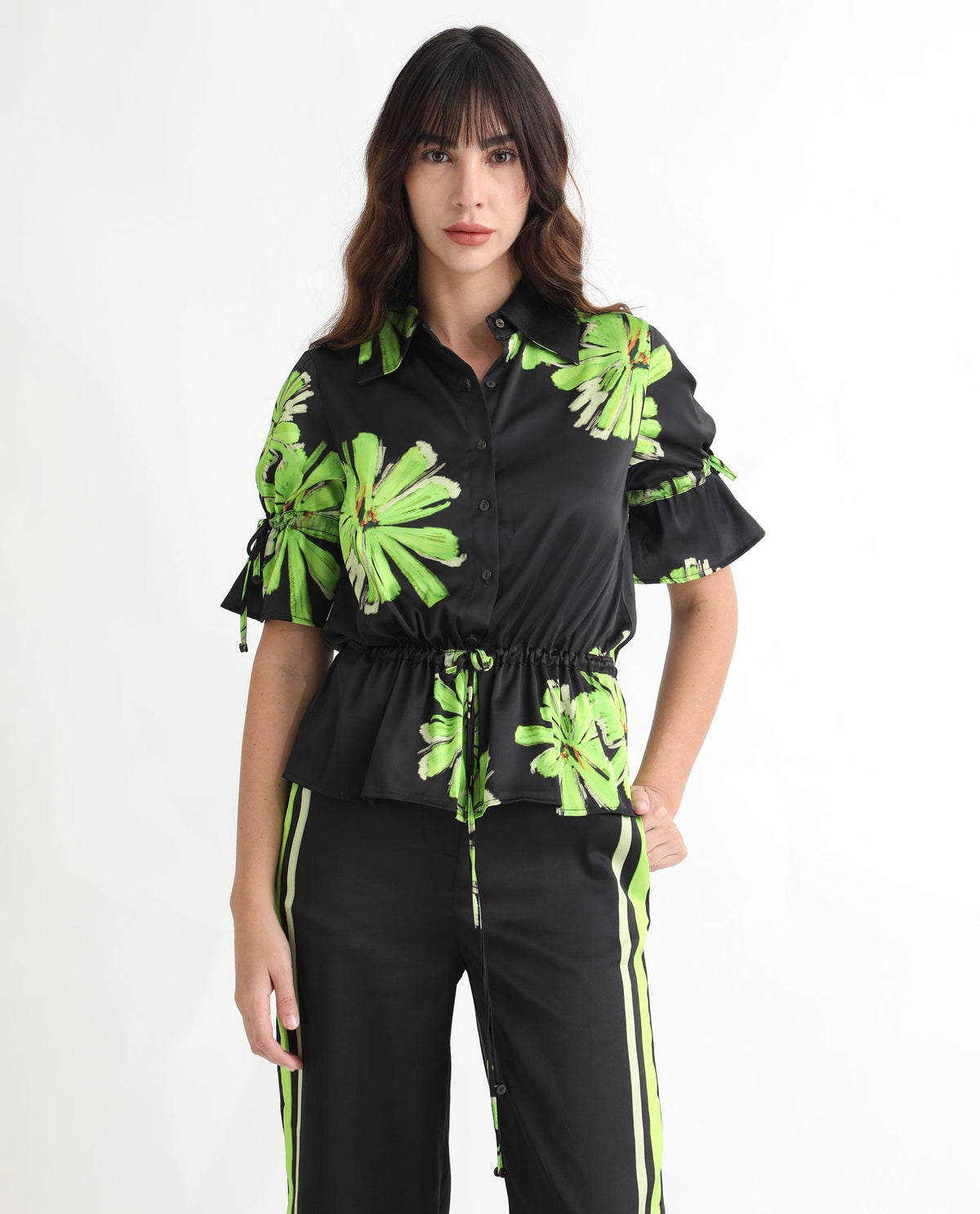 Rareism Women Murphy Black Polyester Fabric Short Sleeves Button Closure Shirt Collar Regular Fit Floral Print Top