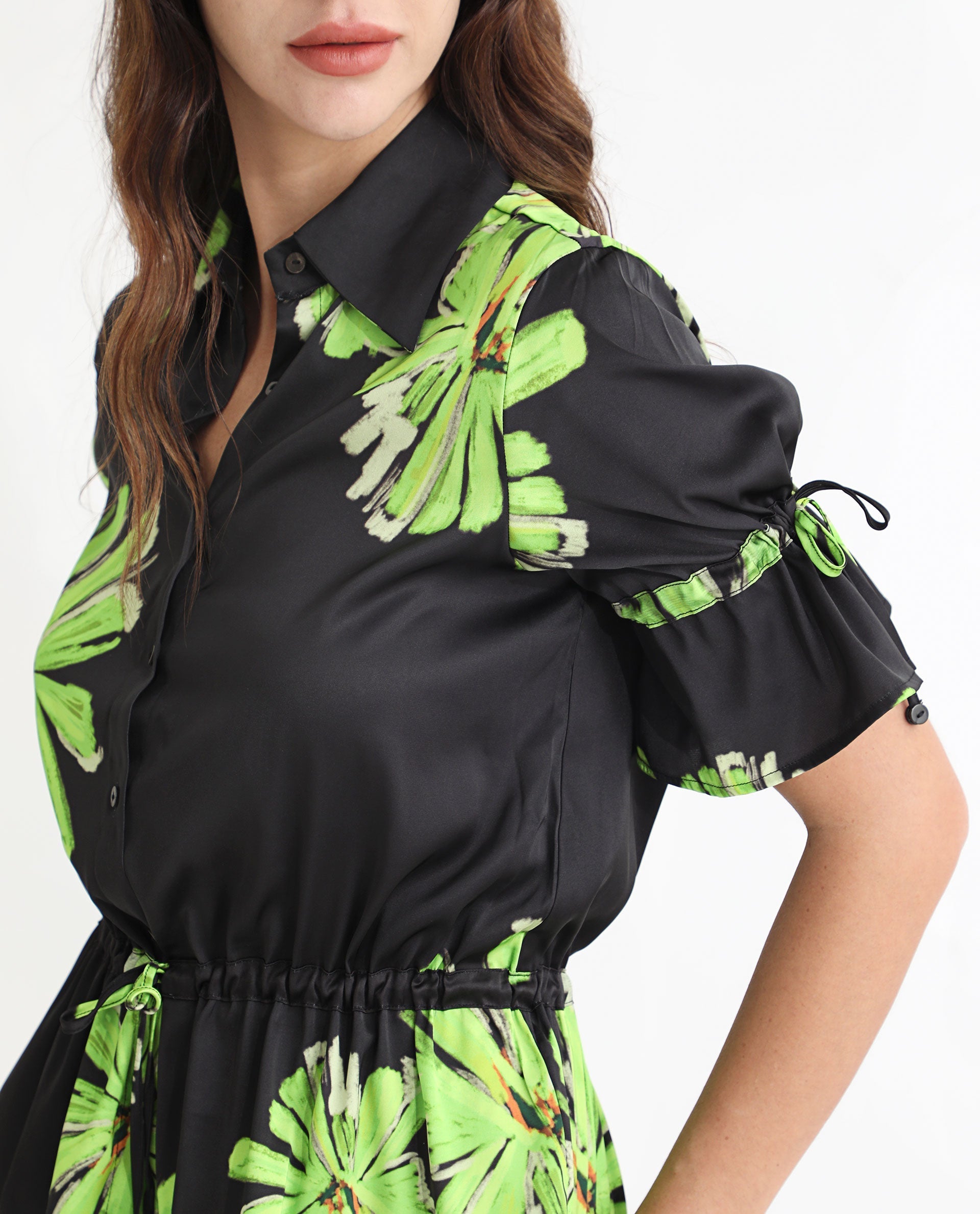 Rareism Women Murphy Black Polyester Fabric Short Sleeves Button Closure Shirt Collar Regular Fit Floral Print Top