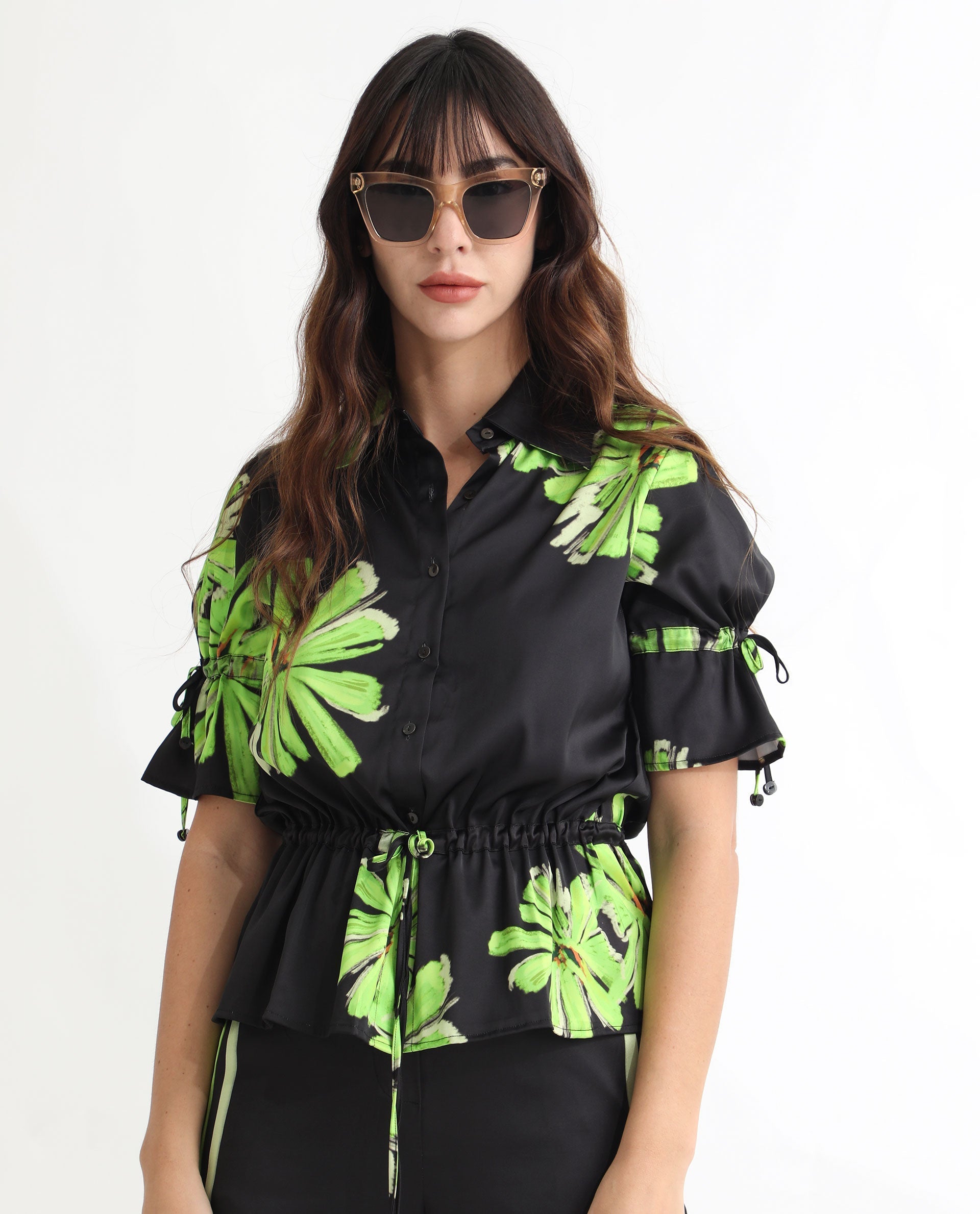Rareism Women Murphy Black Polyester Fabric Short Sleeves Button Closure Shirt Collar Regular Fit Floral Print Top