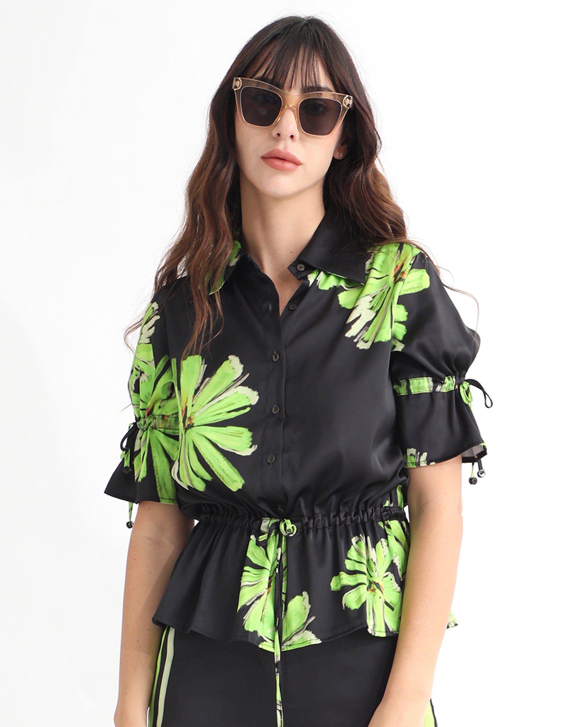 Rareism Women Murphy Black Polyester Fabric Short Sleeves Button Closure Shirt Collar Regular Fit Floral Print Top