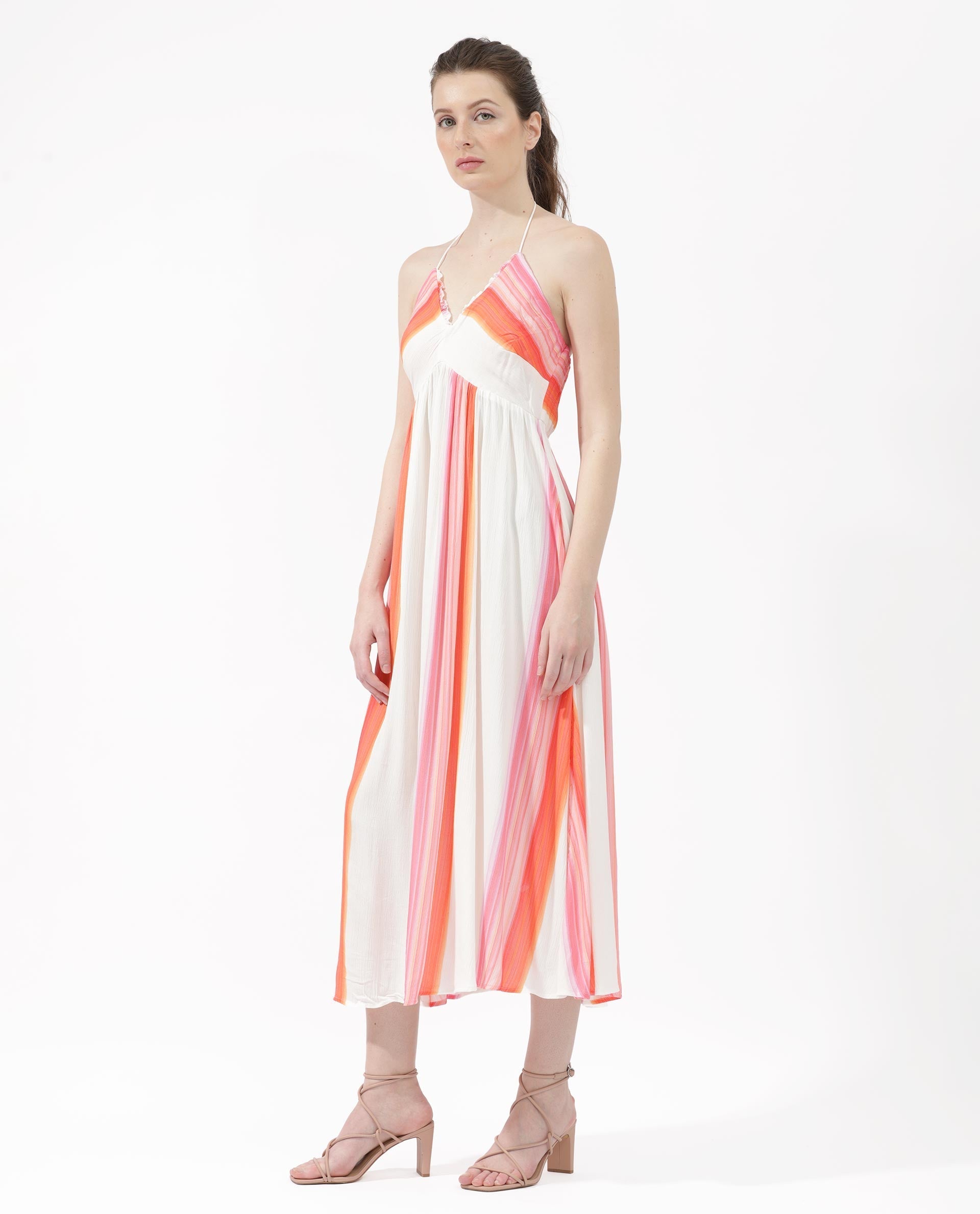 Rareism Women Muse Multi Viscose Fabric Tie-Up Closure Halter Neck Sleeveless Fit And Flare Striped Maxi Dress