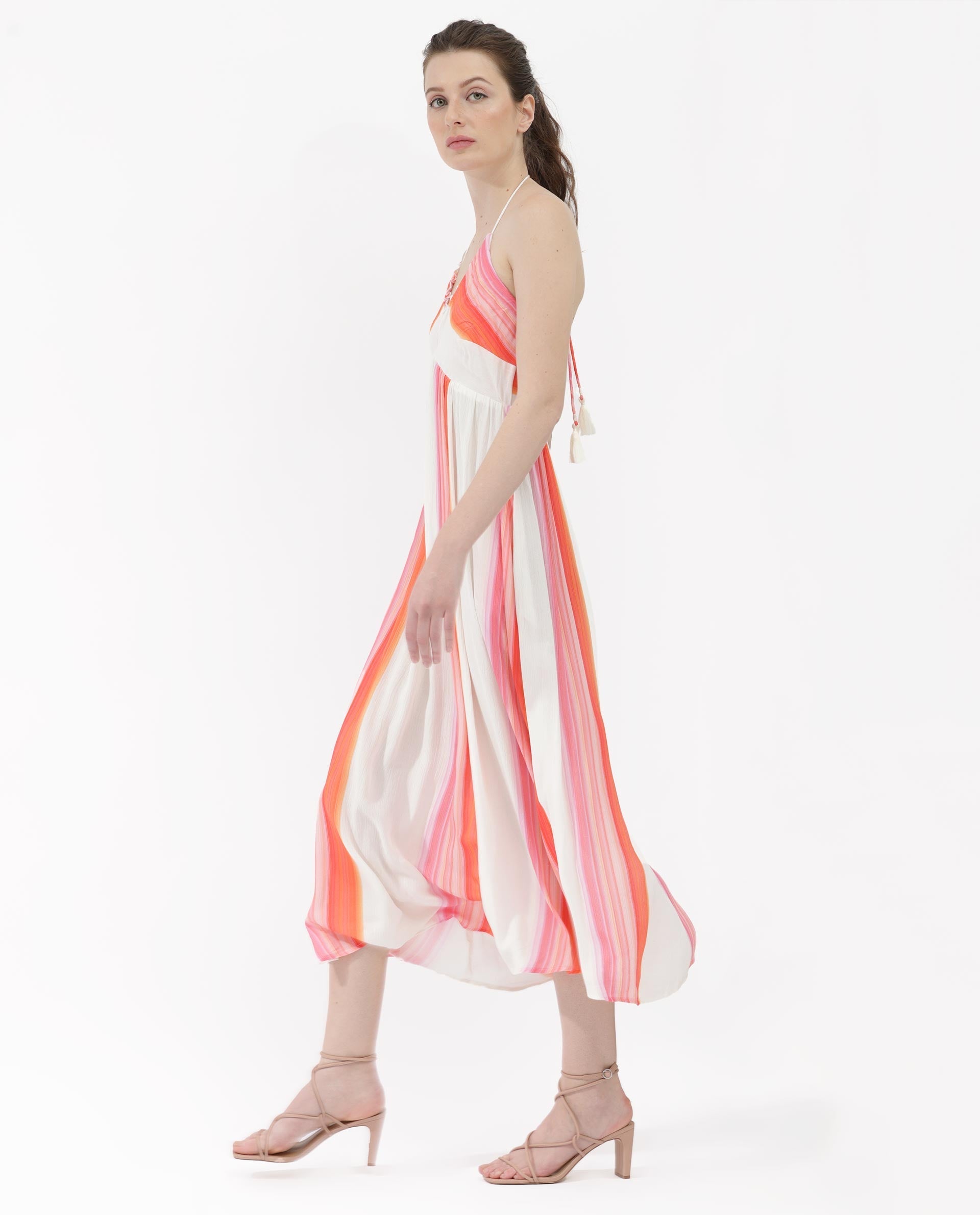 Rareism Women Muse Multi Viscose Fabric Tie-Up Closure Halter Neck Sleeveless Fit And Flare Striped Maxi Dress