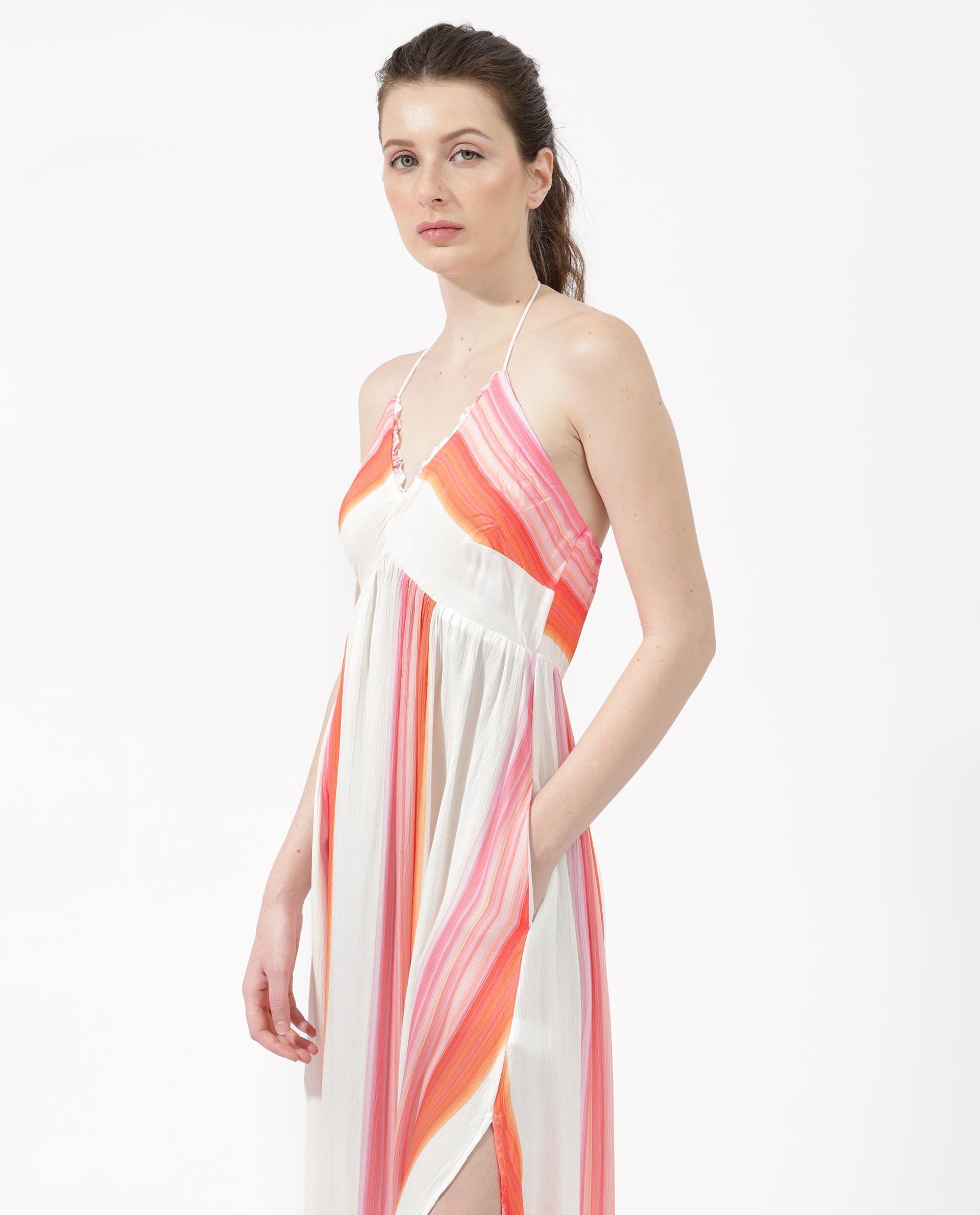 Rareism Women Muse Multi Viscose Fabric Tie-Up Closure Halter Neck Sleeveless Fit And Flare Striped Maxi Dress