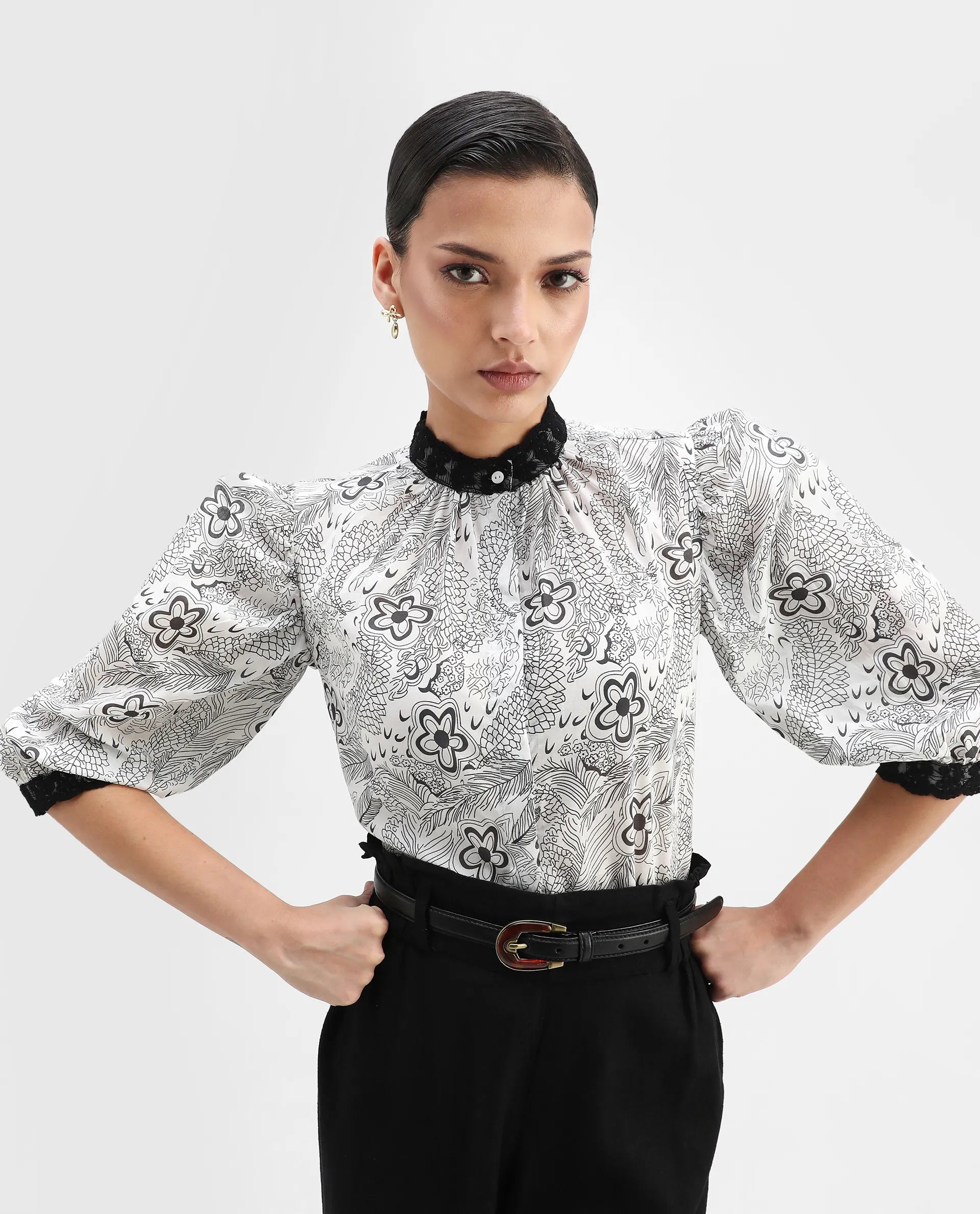 Rareism Women's Museo White Cotton Mandarin Collar Floral Print Puff Sleeves Regular Fit Top