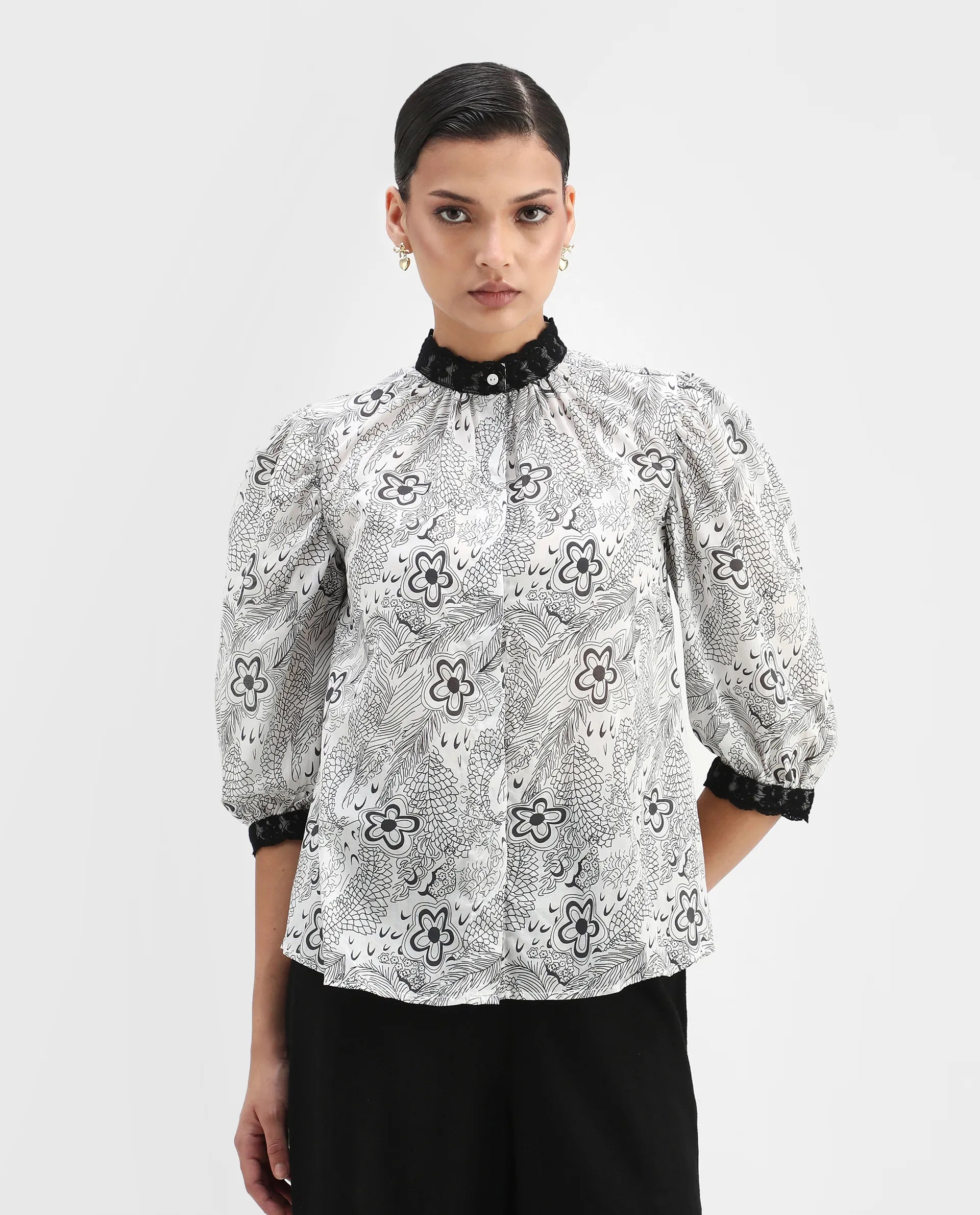 Rareism Women's Museo White Cotton Mandarin Collar Floral Print Puff Sleeves Regular Fit Top