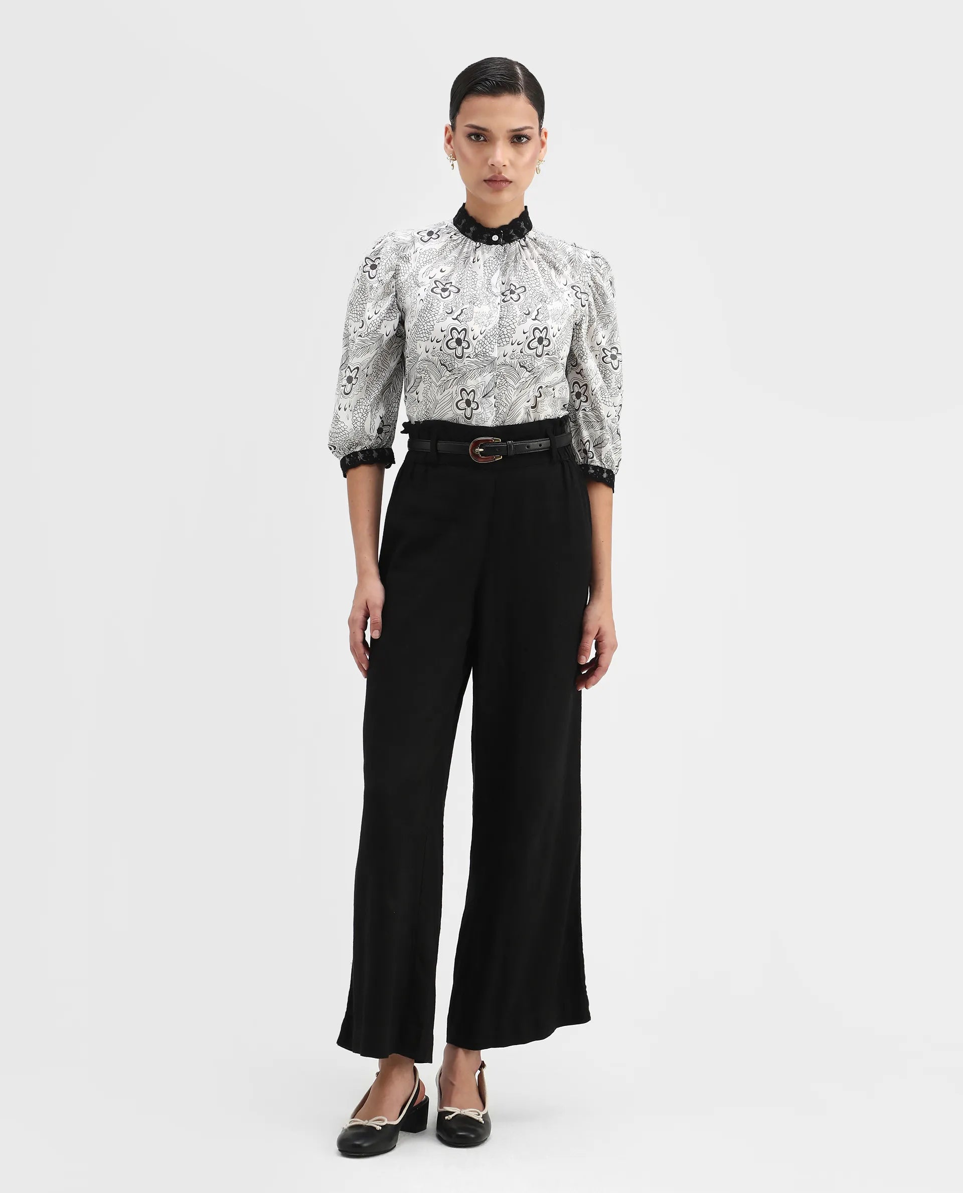 Rareism Women's Museo White Cotton Mandarin Collar Floral Print Puff Sleeves Regular Fit Top