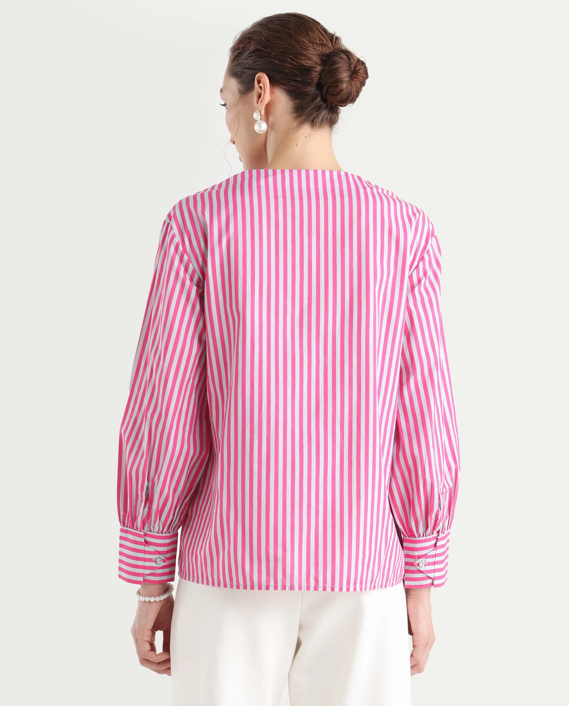 Rareism Women's Myrto Pink Cotton Crew Neck Striped Cuffed Sleeve Regular Fit Top