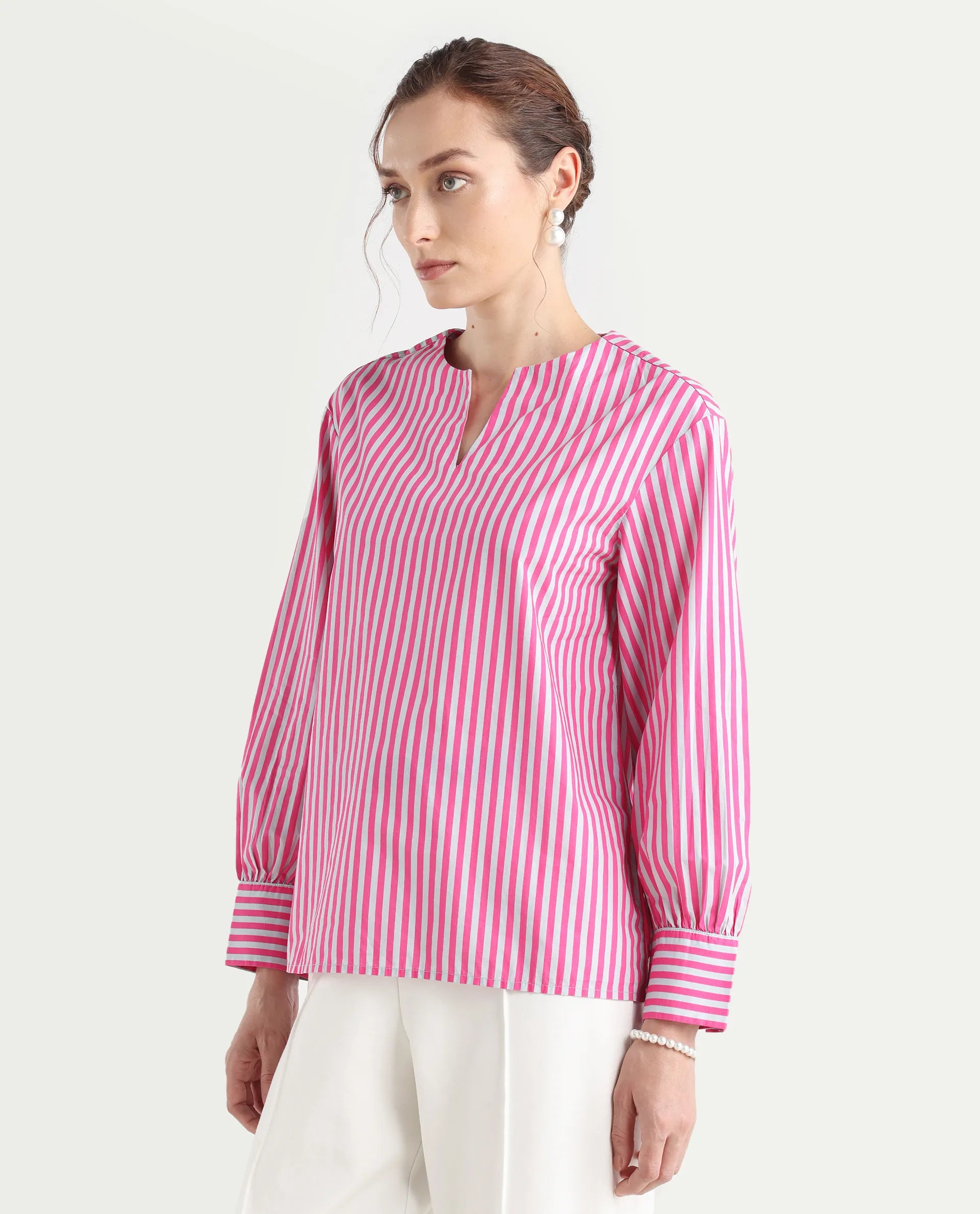 Rareism Women's Myrto Pink Cotton Crew Neck Striped Cuffed Sleeve Regular Fit Top