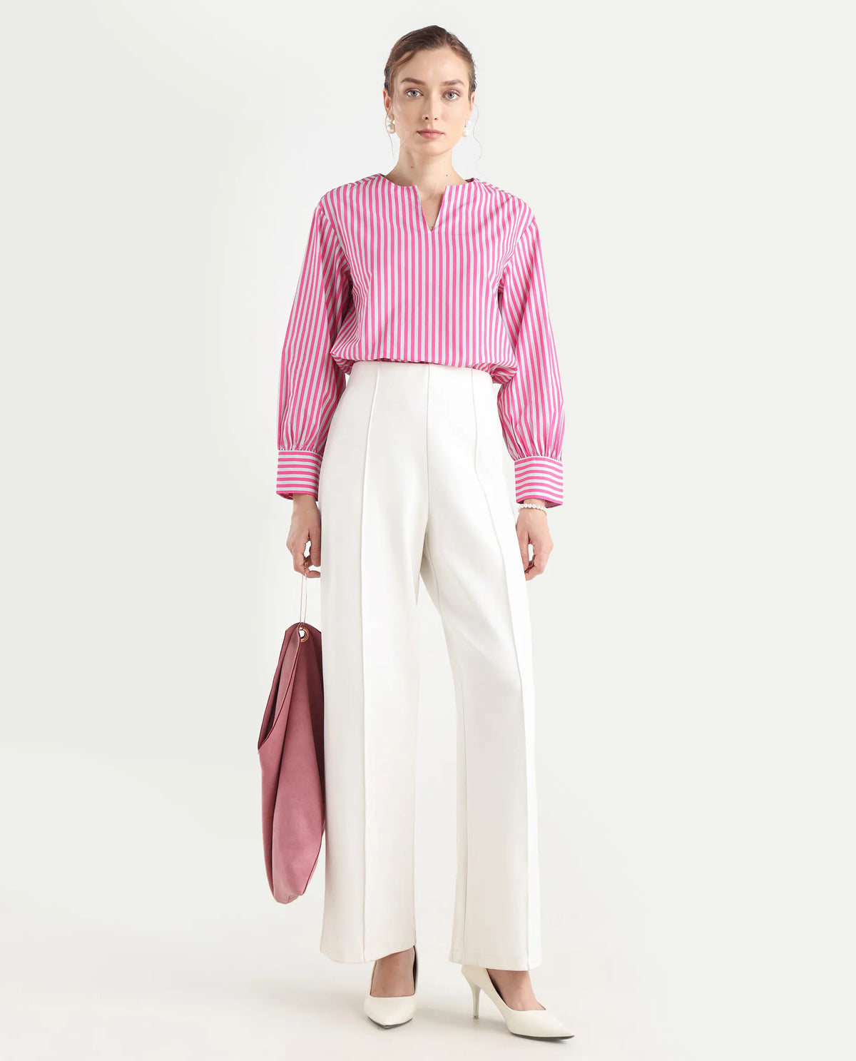 Rareism Women's Myrto Pink Cotton Crew Neck Striped Cuffed Sleeve Regular Fit Top