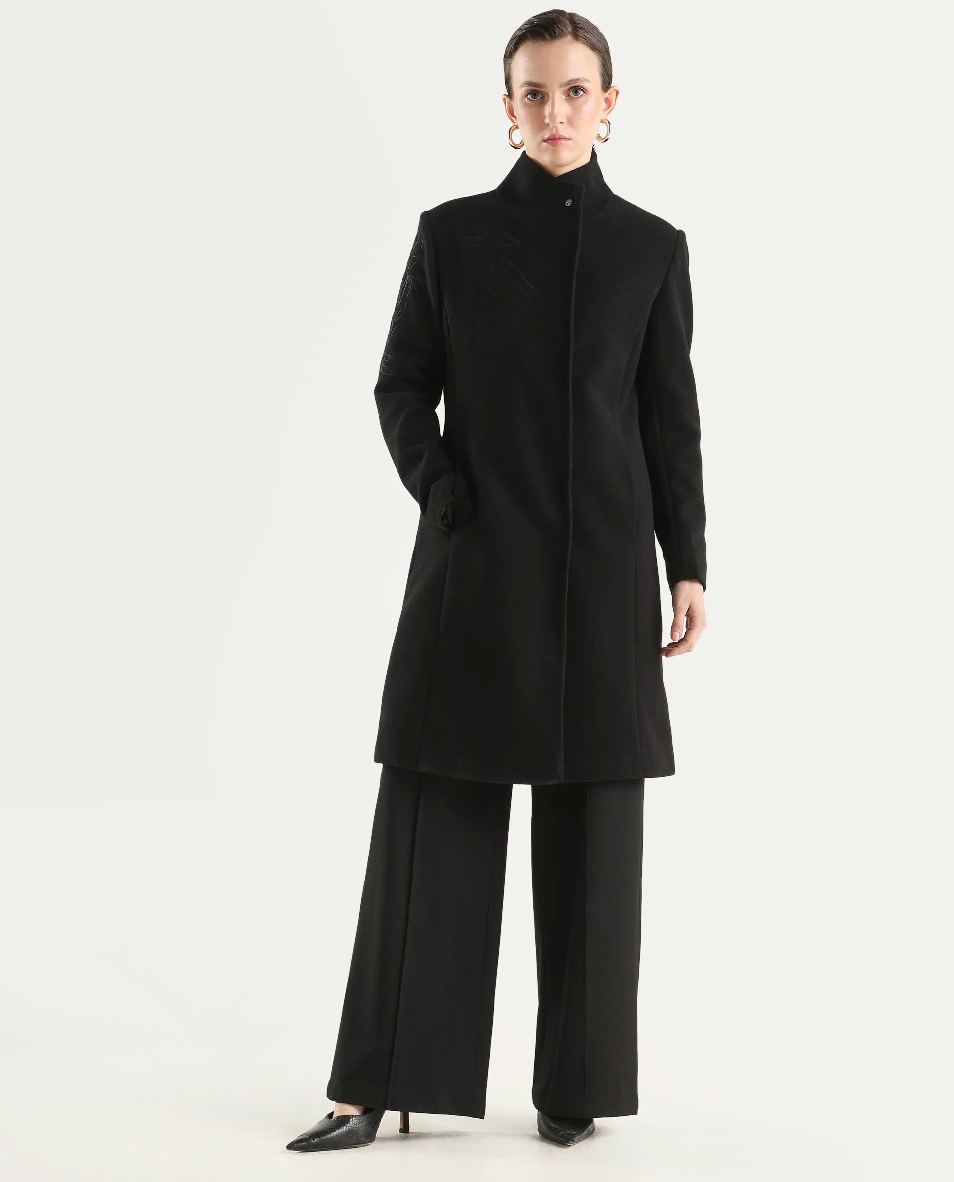 Rareism Women's Monchy Black Polyester Blend High Neck Regular Fit Coat