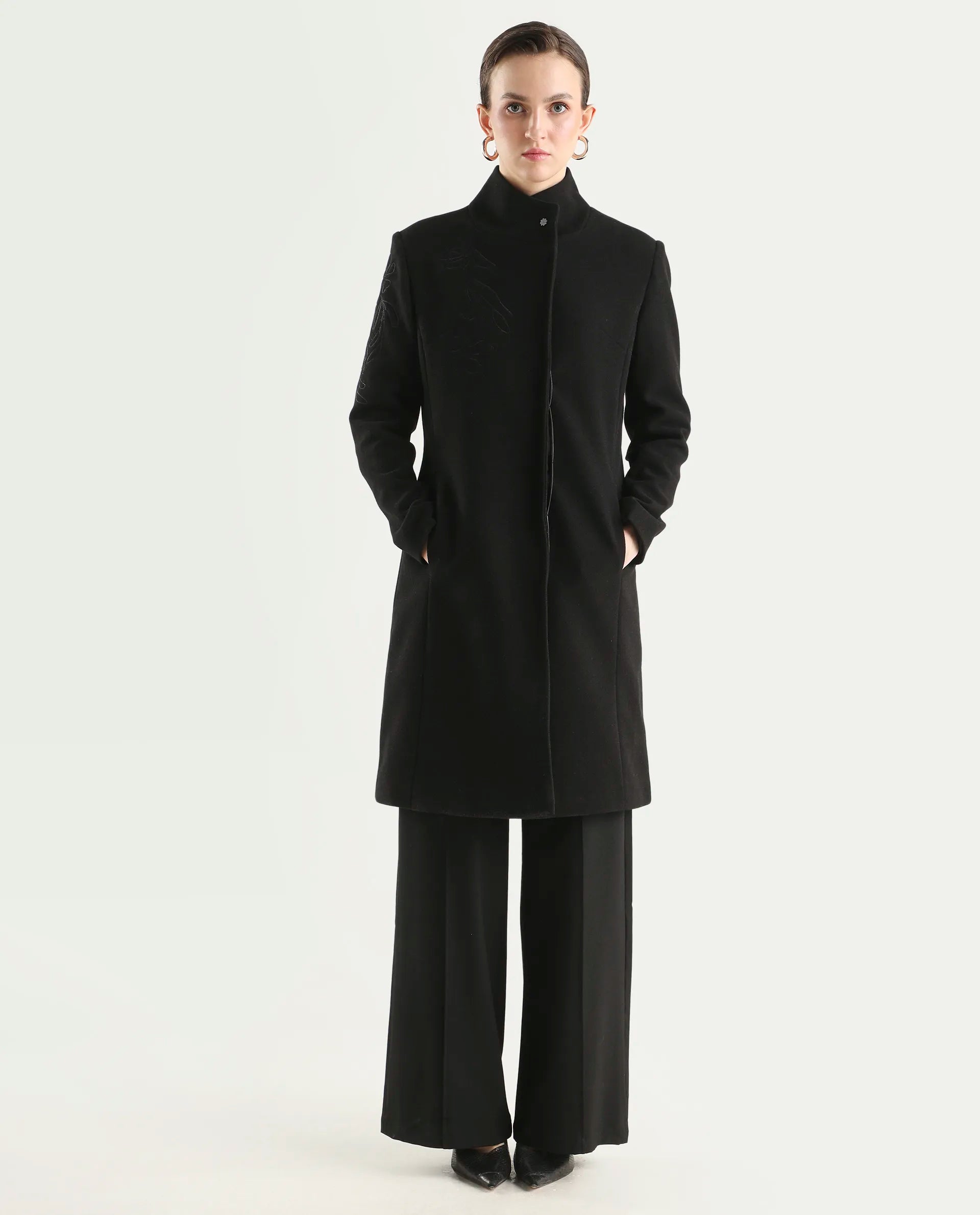 Rareism Women's Monchy Black Polyester Blend High Neck Regular Fit Coat