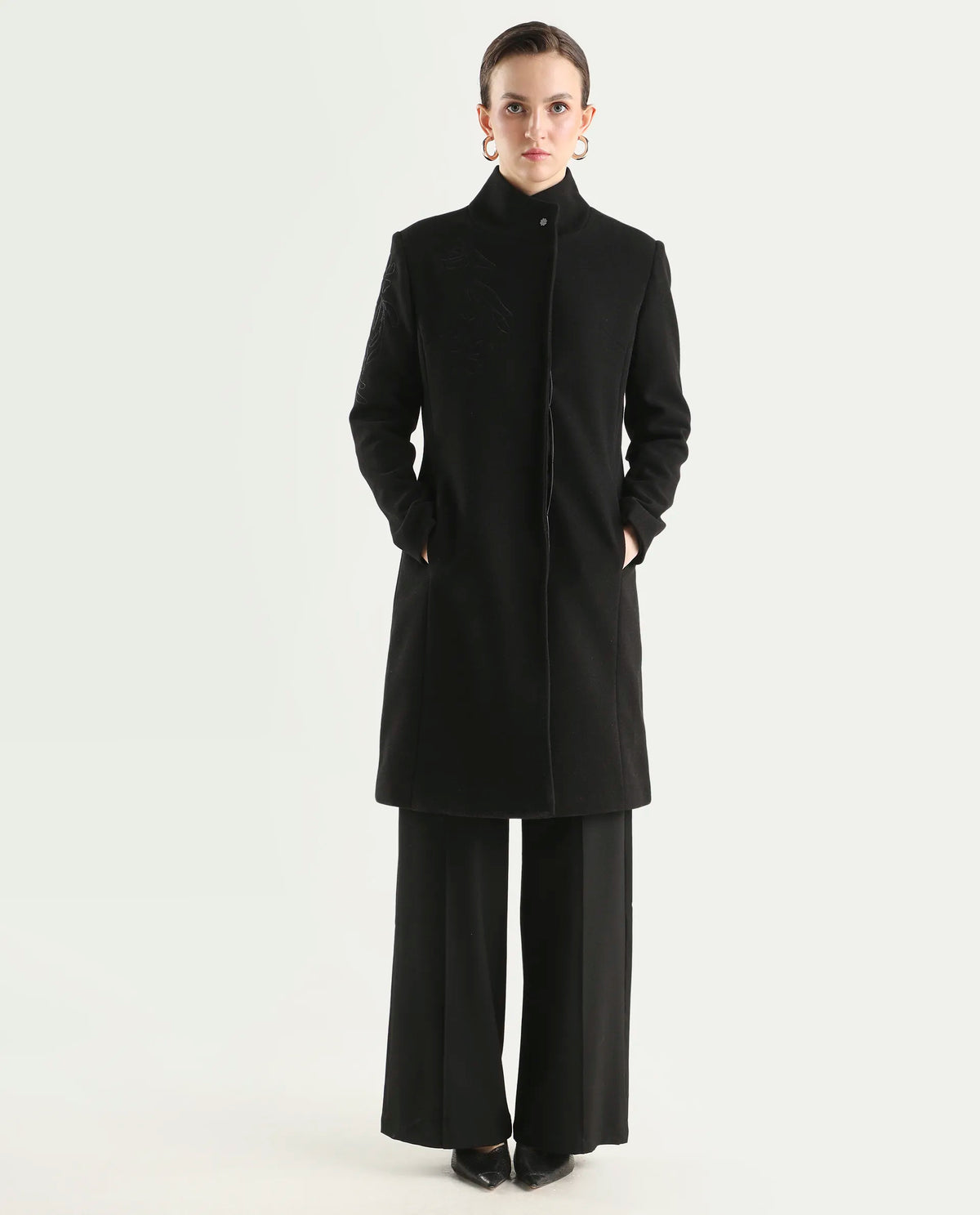 Rareism Women's Monchy Black Polyester Blend High Neck Regular Fit Coat
