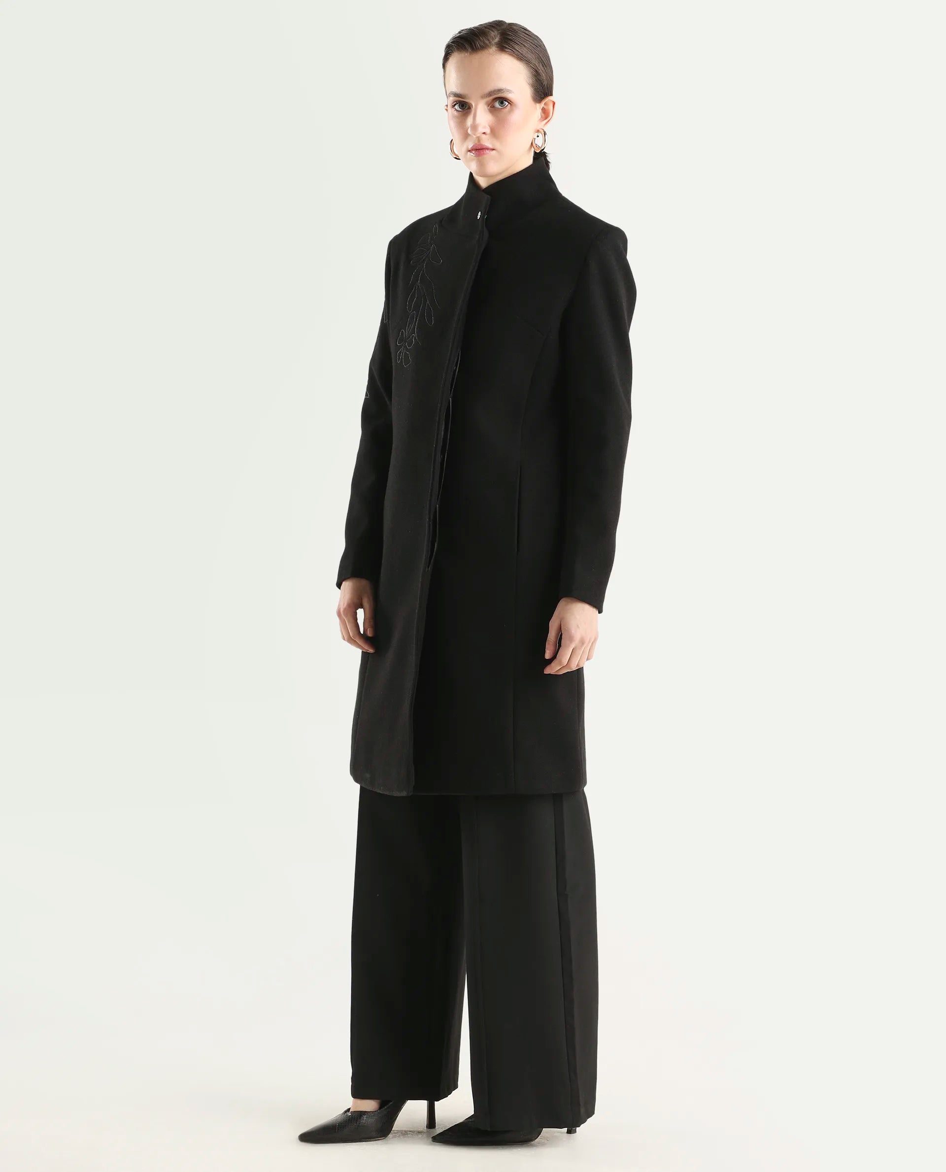 Rareism Women's Monchy Black Polyester Blend High Neck Regular Fit Coat