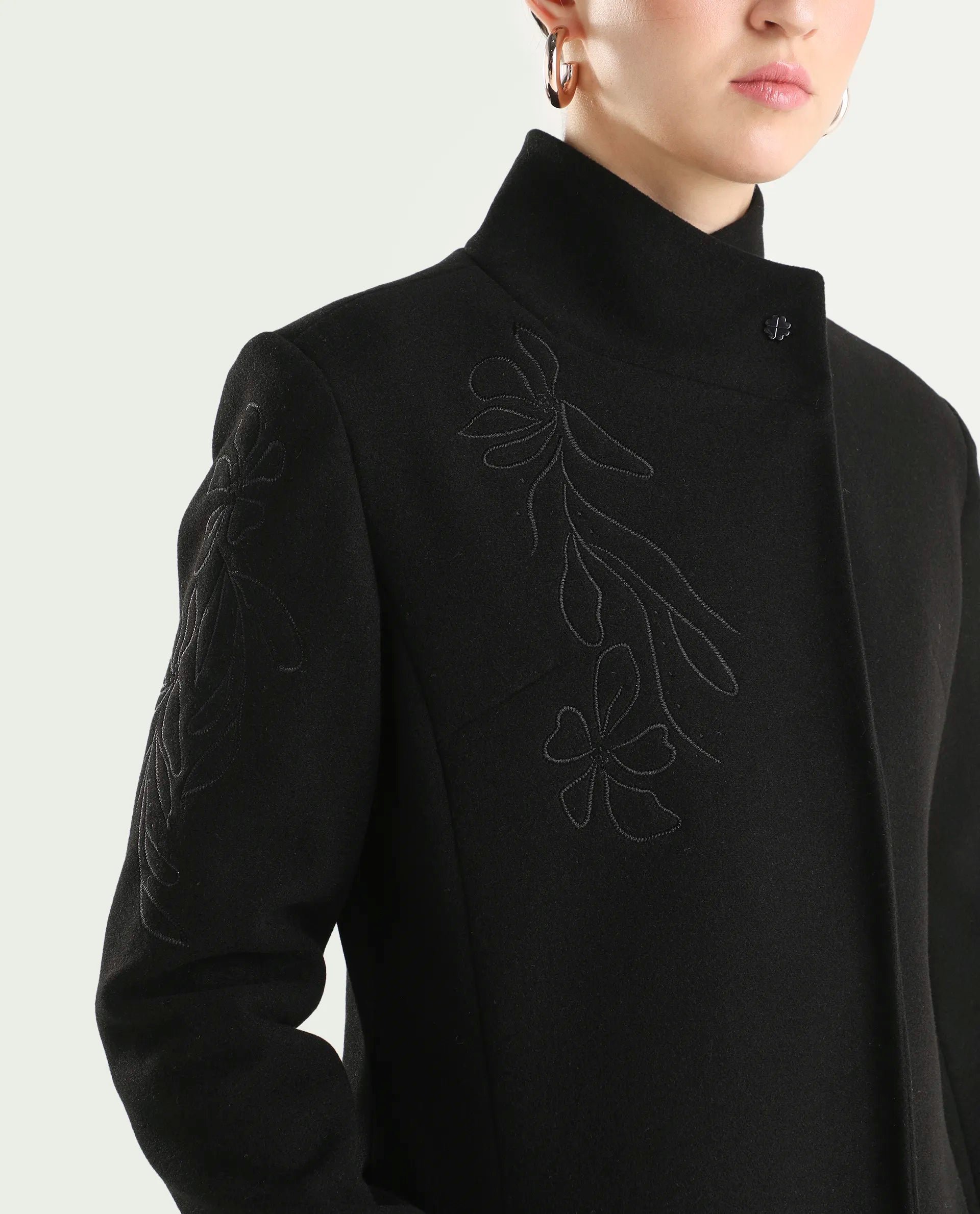 Rareism Women's Monchy Black Polyester Blend High Neck Regular Fit Coat