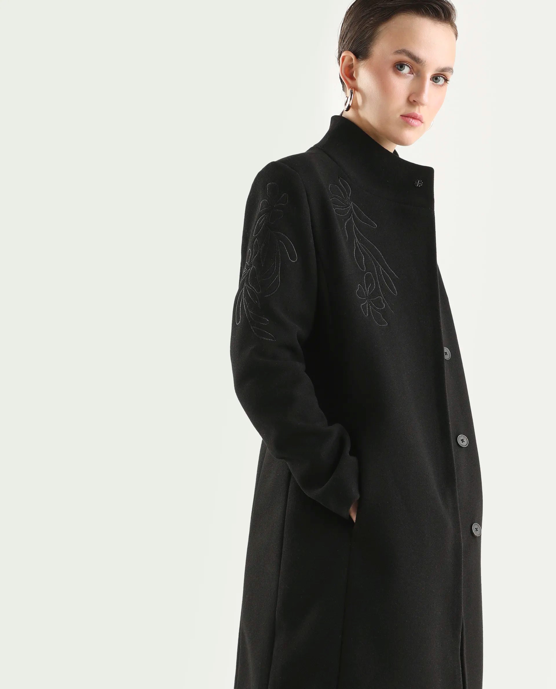 Rareism Women's Monchy Black Polyester Blend High Neck Regular Fit Coat
