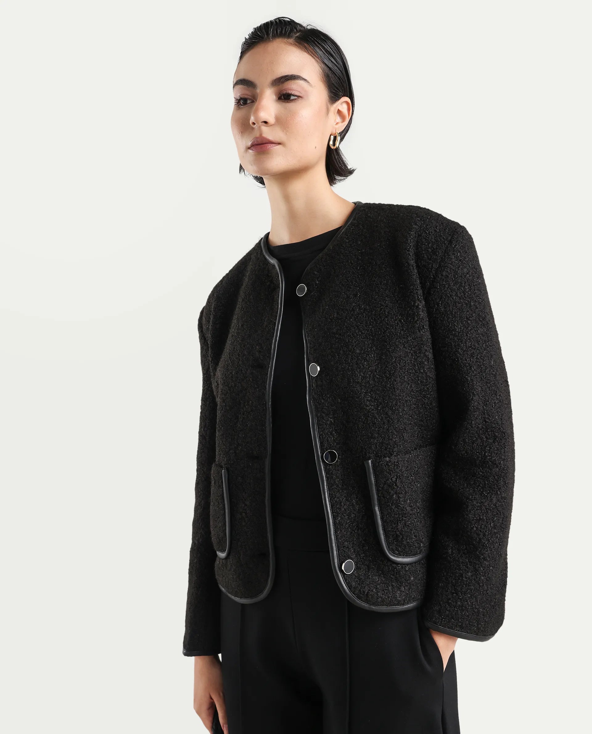 Rareism Women's Nabuc Black Polyester Jacket Plain Jacket