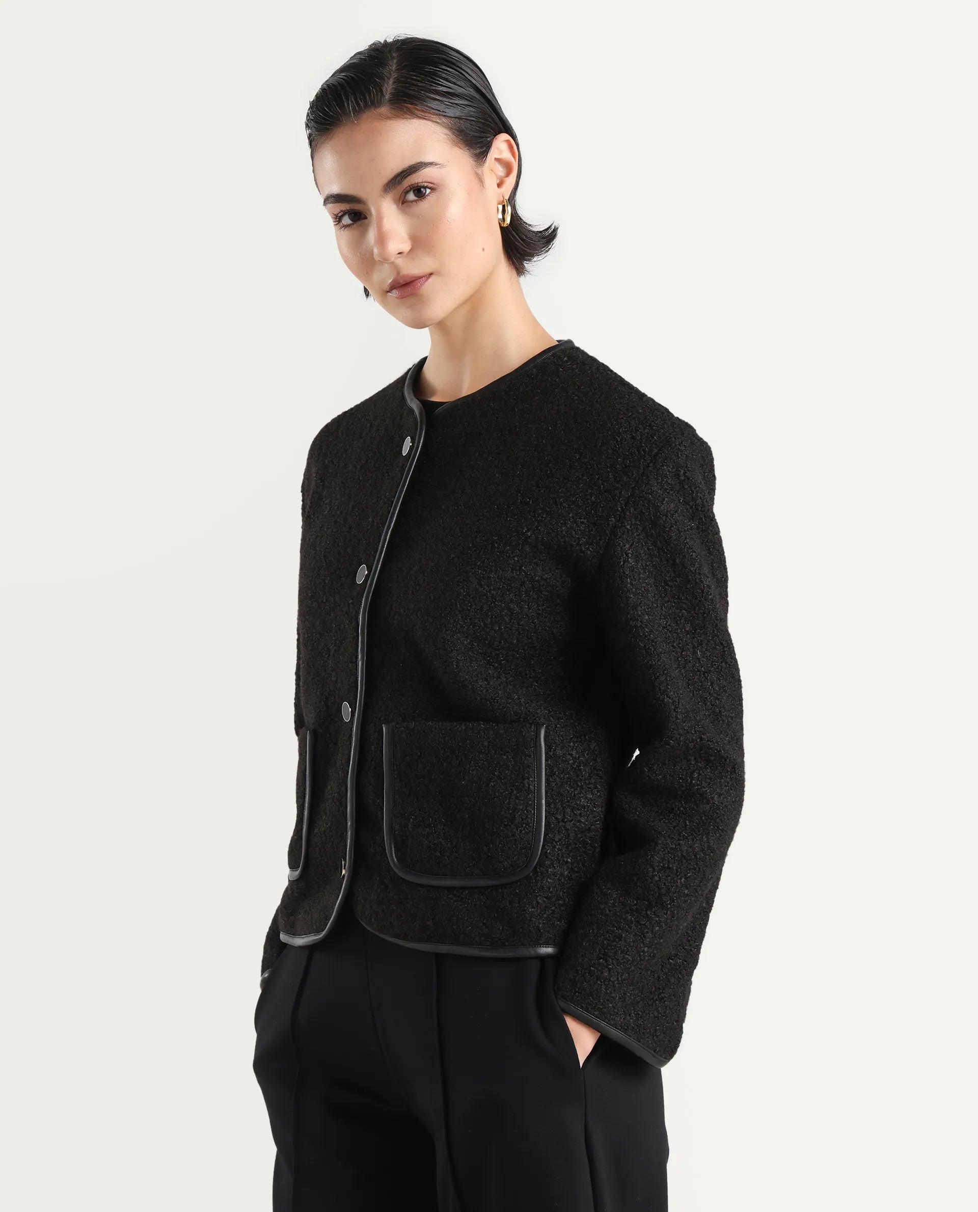 Rareism Women's Nabuc Black Polyester Jacket Plain Jacket