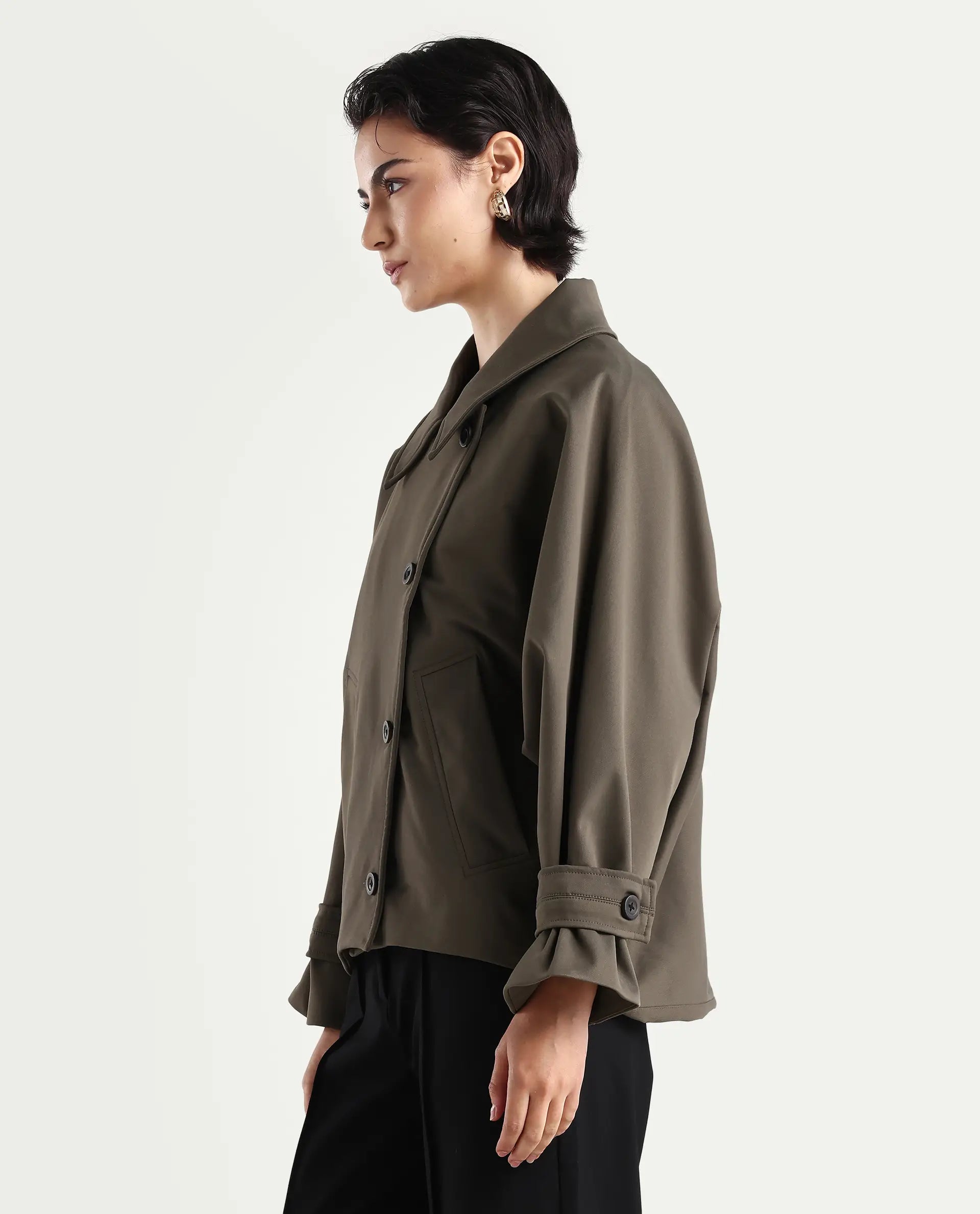 Rareism Women's Nacai Olive Polyester Spread Collar Relaxed Fit Jacket