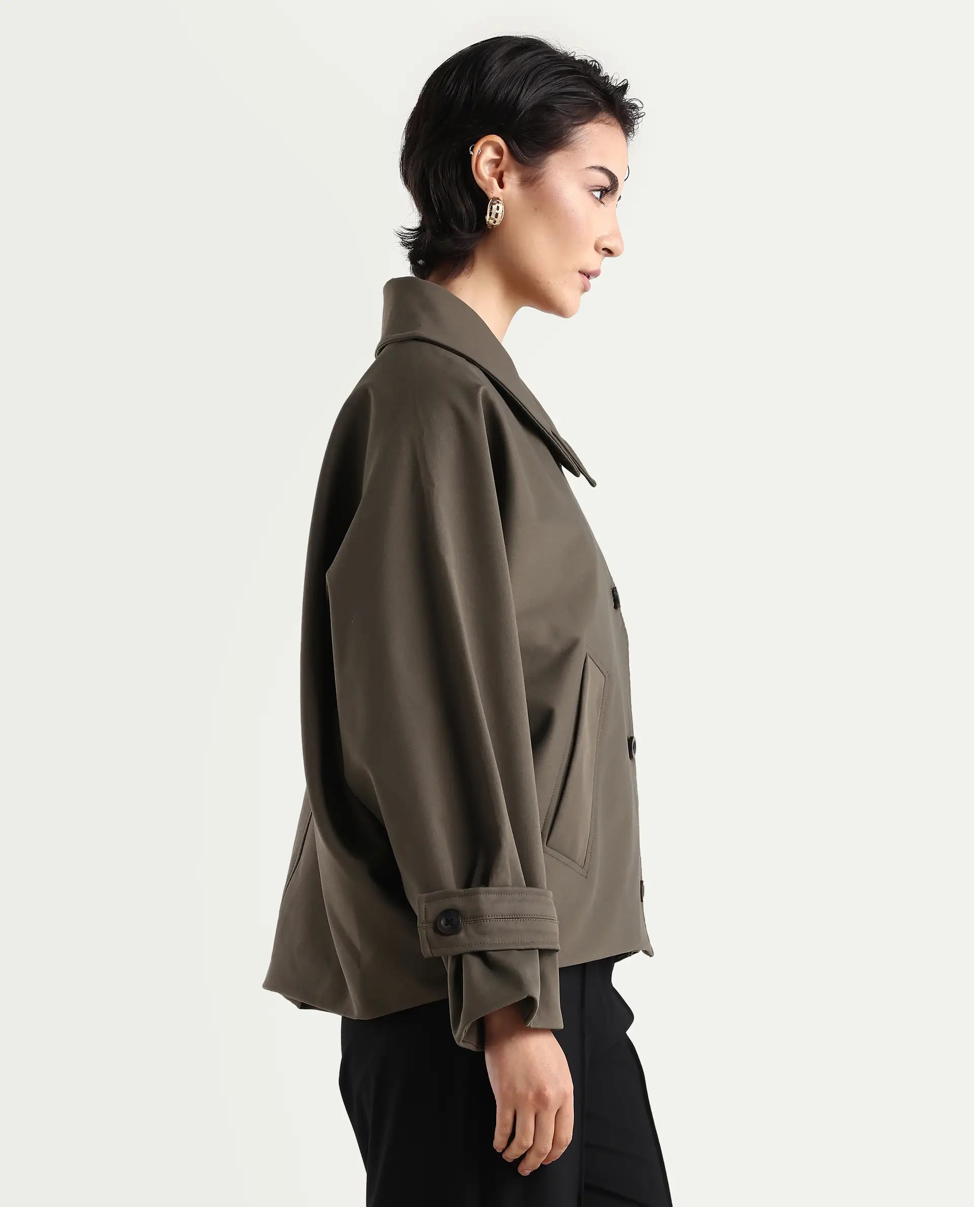 Rareism Women's Nacai Olive Polyester Spread Collar Relaxed Fit Jacket