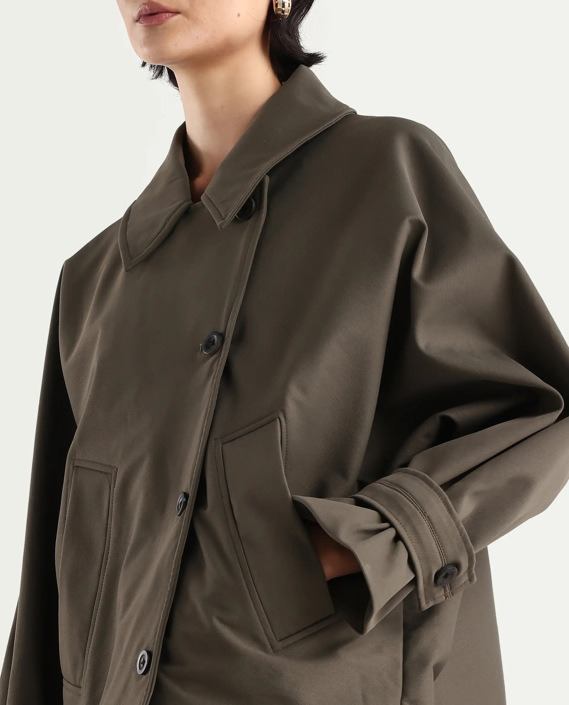 Rareism Women's Nacai Olive Polyester Spread Collar Relaxed Fit Jacket